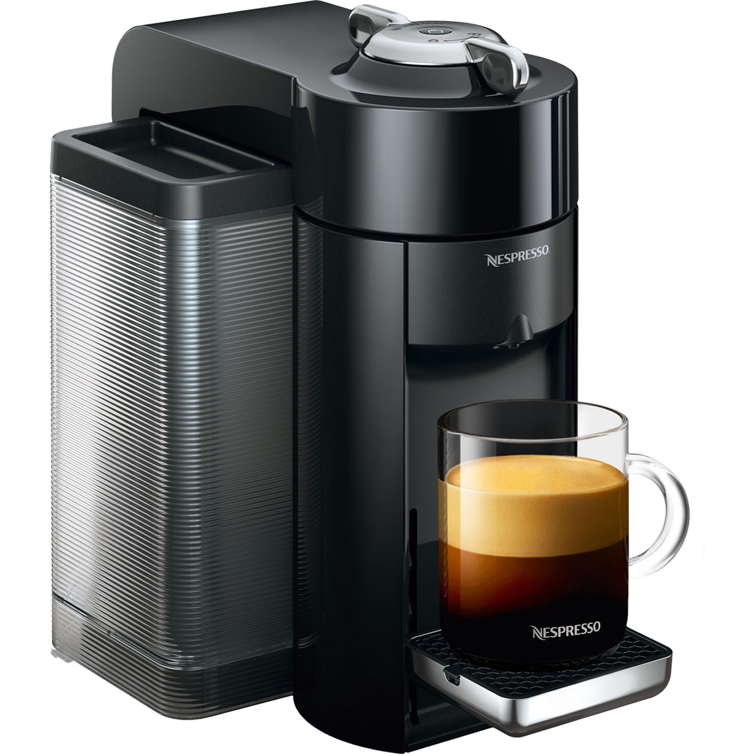 De'Longhi Nespresso Vertuo black single-serve coffee machine with mug and capsule pod