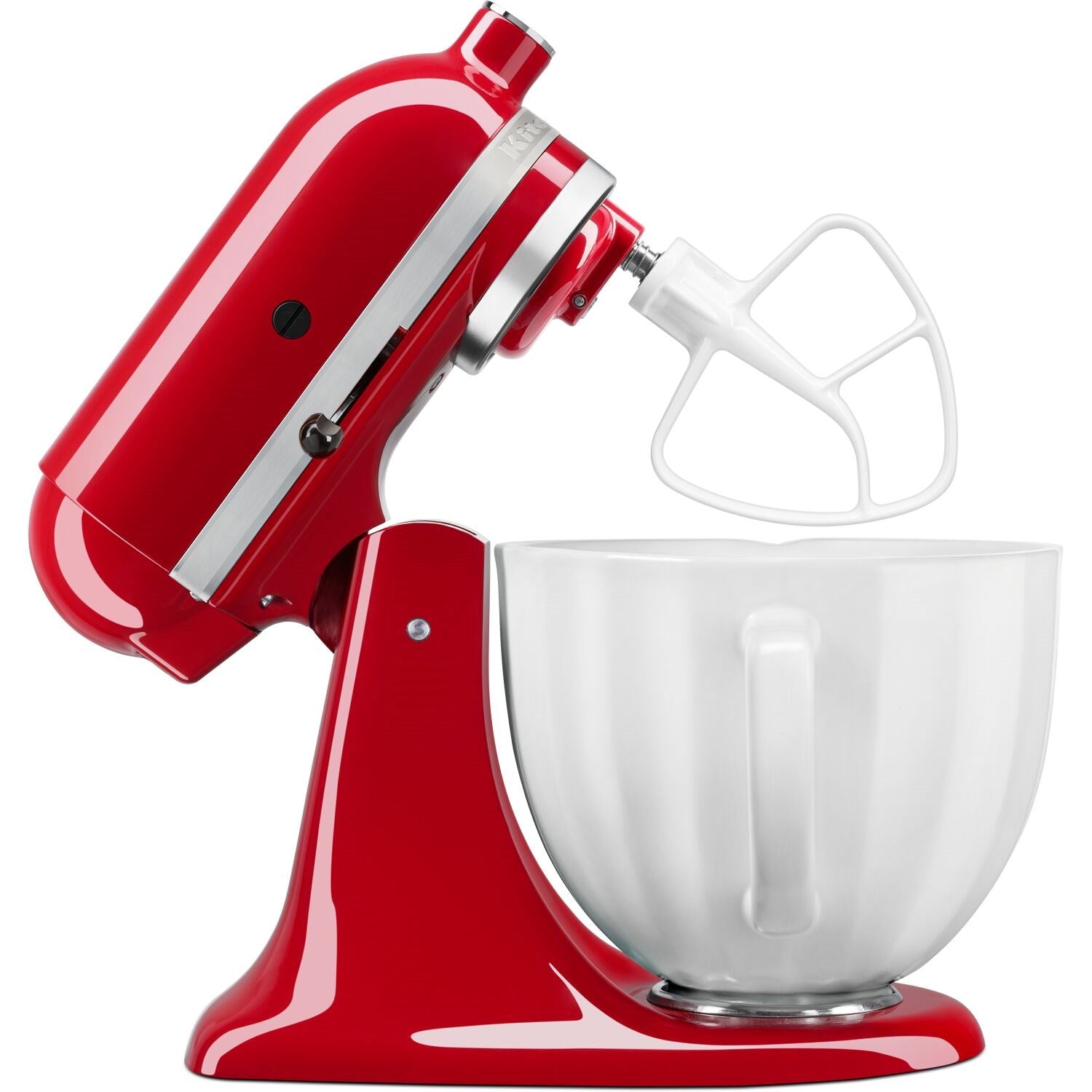 White ceramic mixing bowl with handle attached to red stand mixer