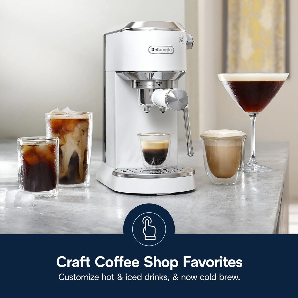 De'Longhi espresso machine on counter with cold brew and espresso-style drinks