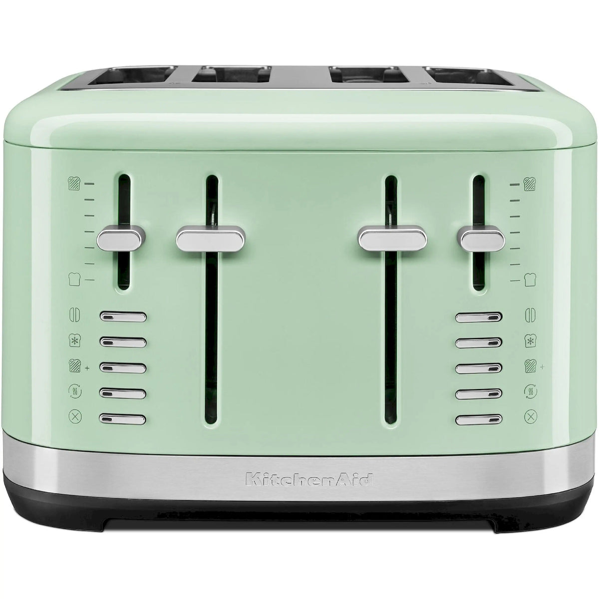 Pistacchio green 4-slice toaster front view with four wide toasting slots