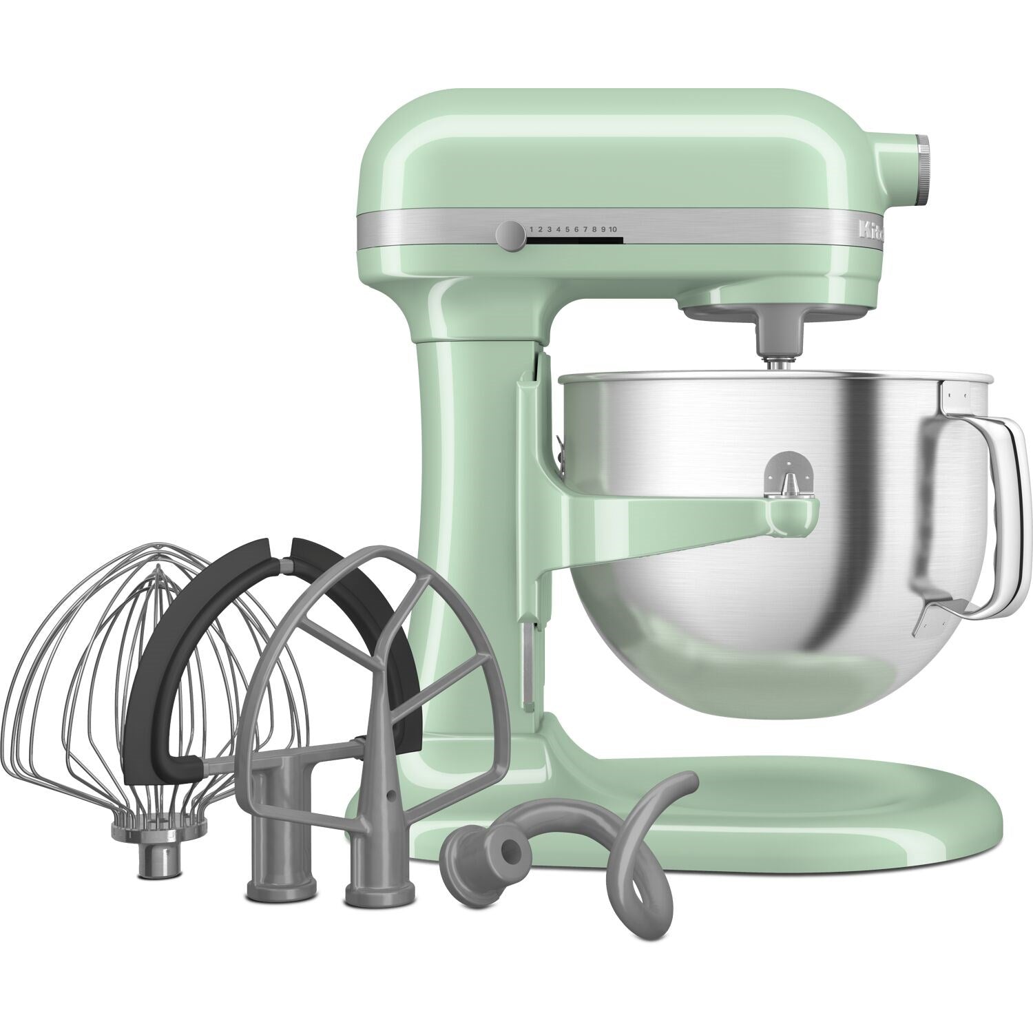 Pistachio stand mixer with stainless bowl and included whisk, beater, and dough hook