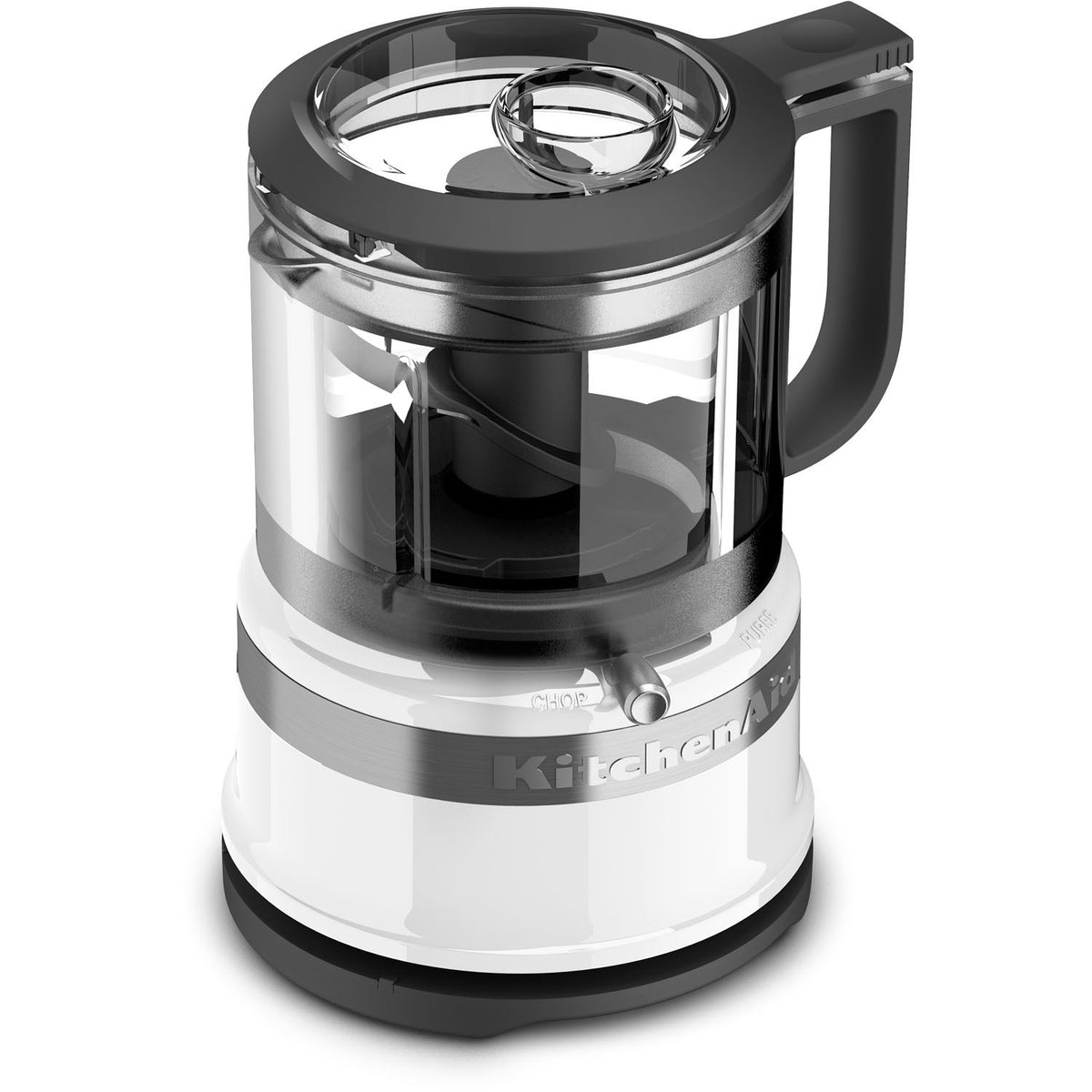 White food chopper with clear bowl, black lid, and black handle; blade area visible