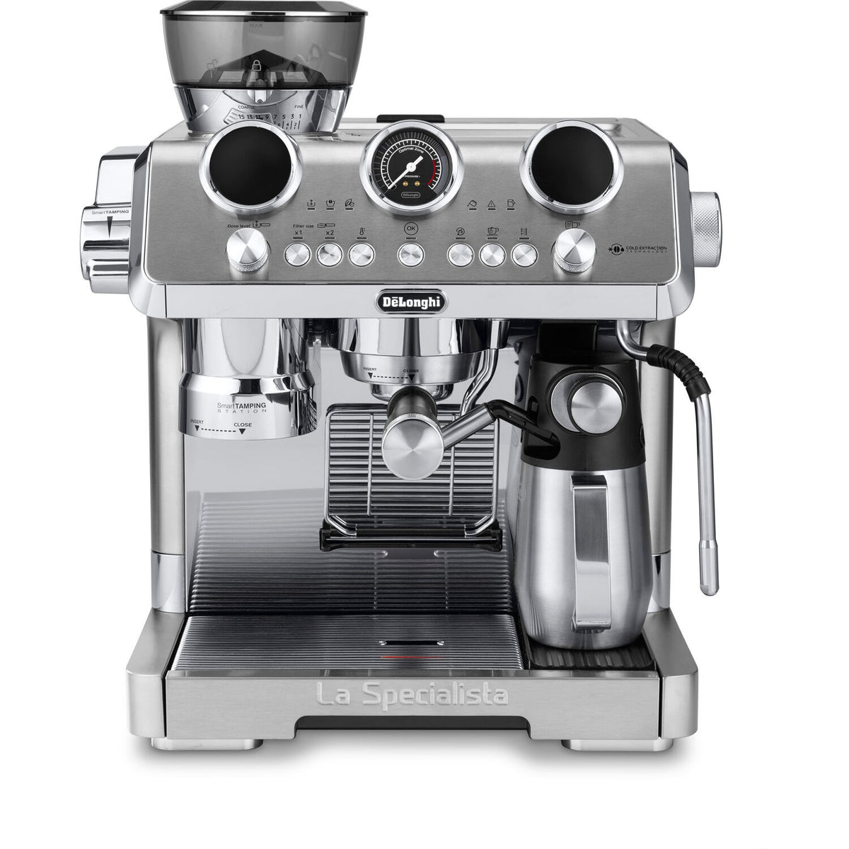 Stainless steel De'Longhi espresso machine with dual cup inlets and front panel