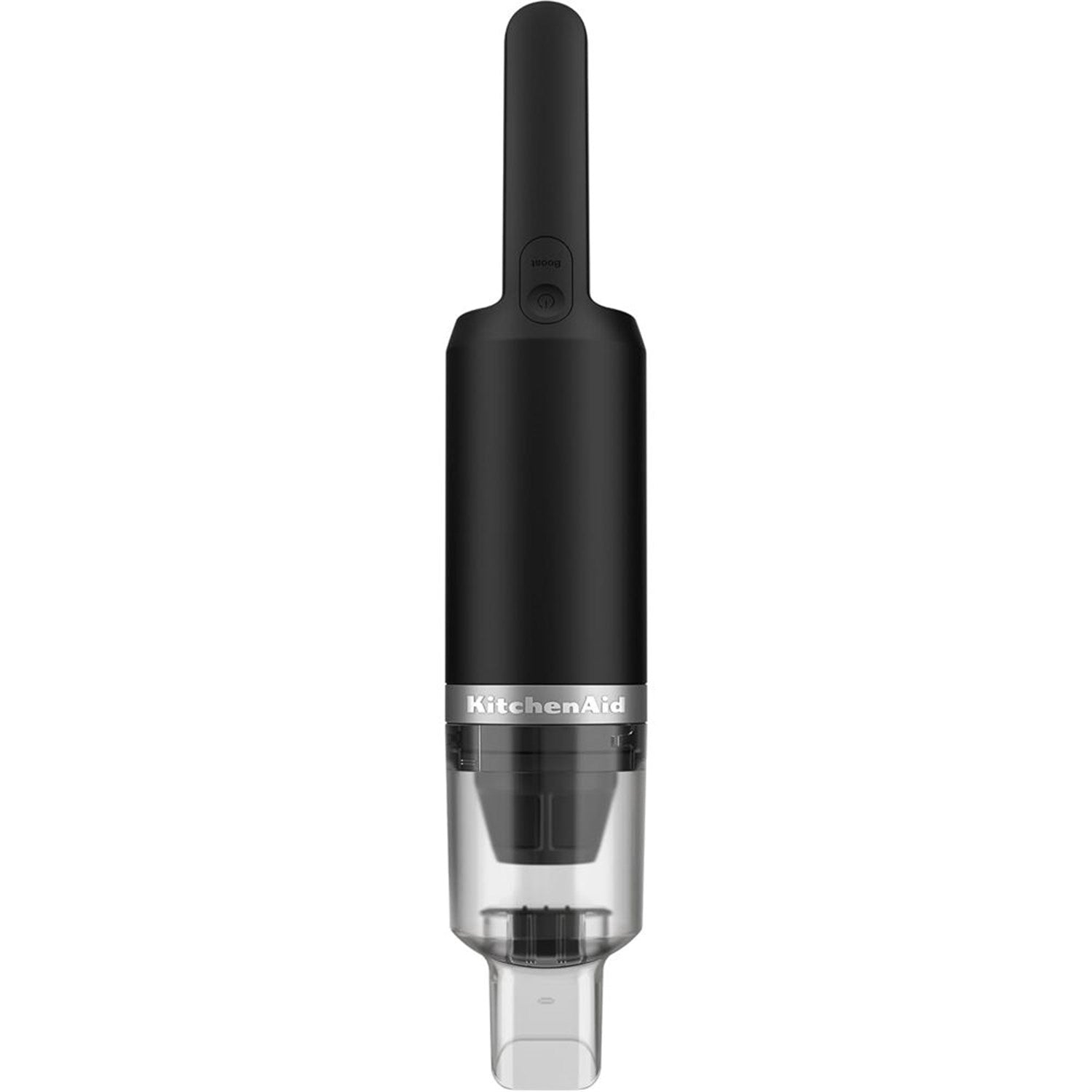 KitchenAid cordless handheld kitchen vacuum in black matte with clear canister
