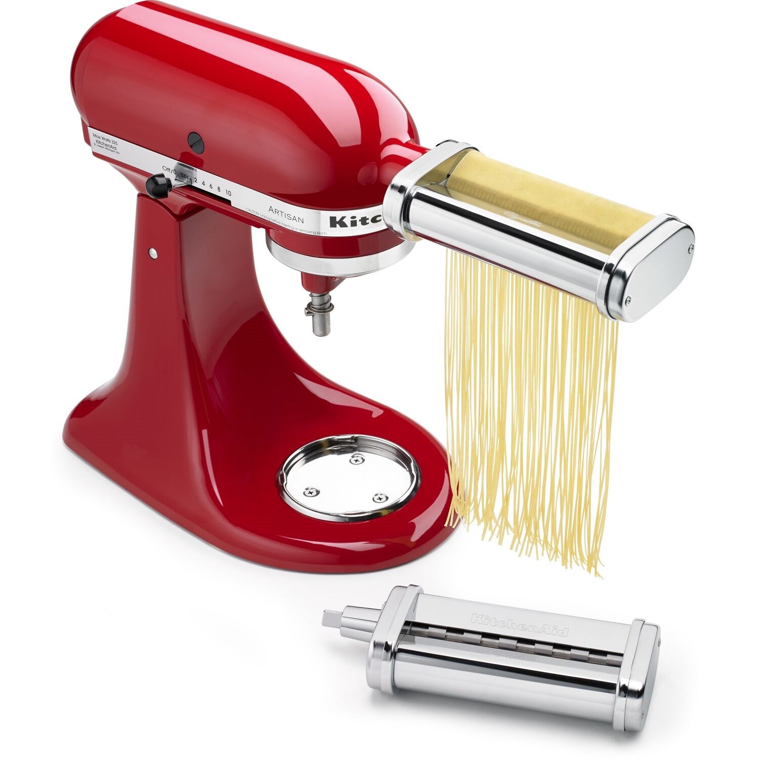 KitchenAid Artisan tilt-head stand mixer, red, pasta roller attachment with spaghetti strands
