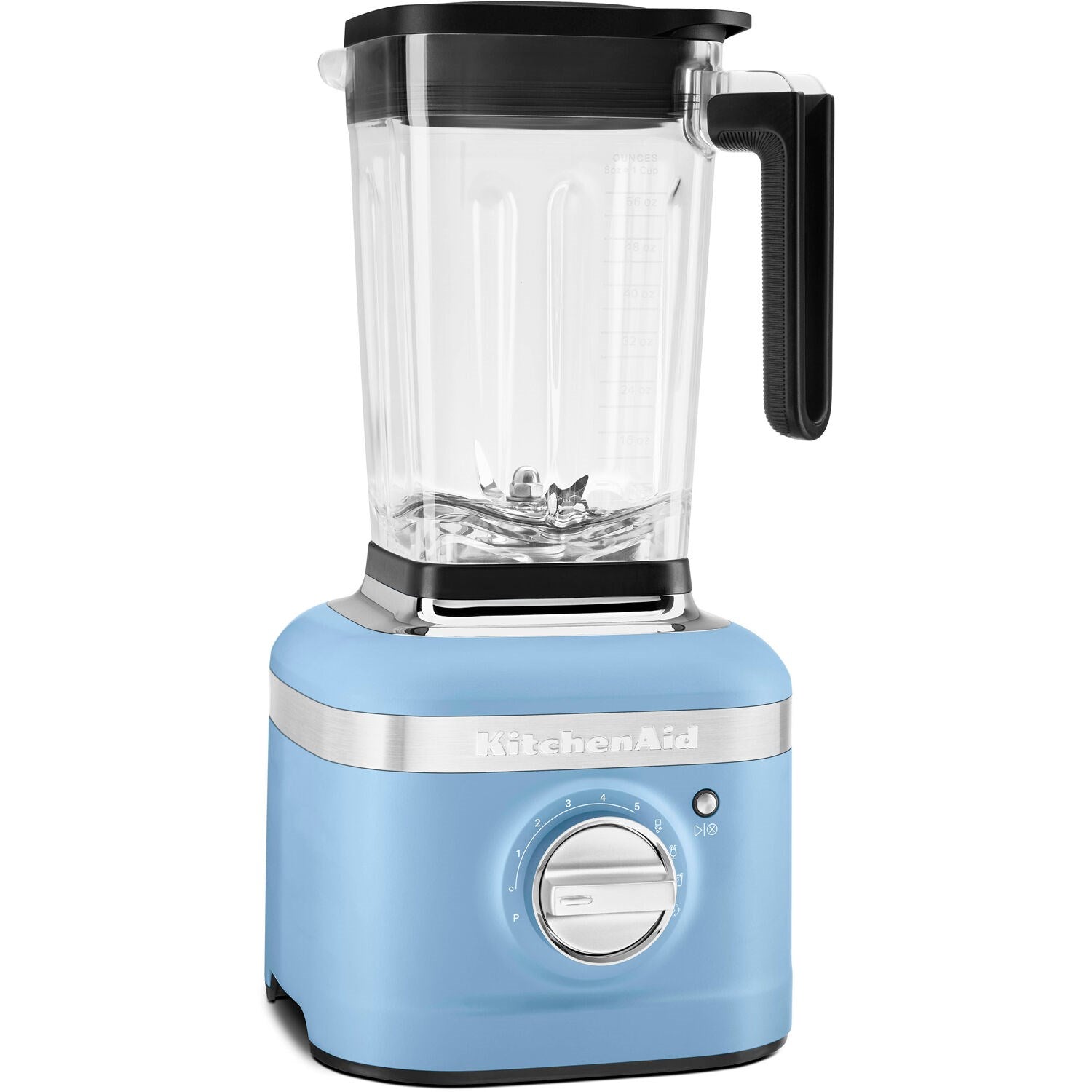 KitchenAid K400 blender base in blue with clear jar, black lid and side handle