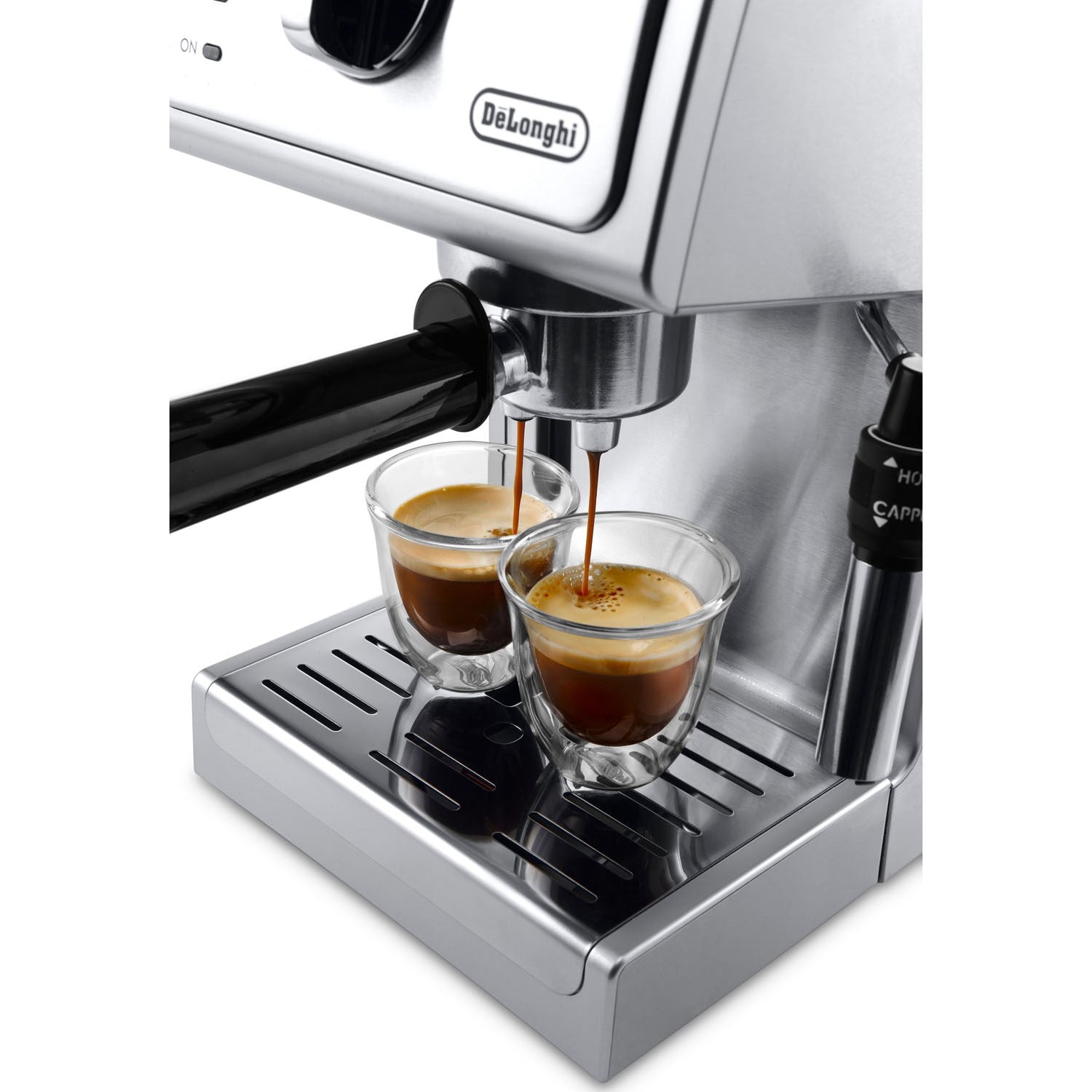 De'Longhi espresso and cappuccino maker dispensing coffee into two clear cups