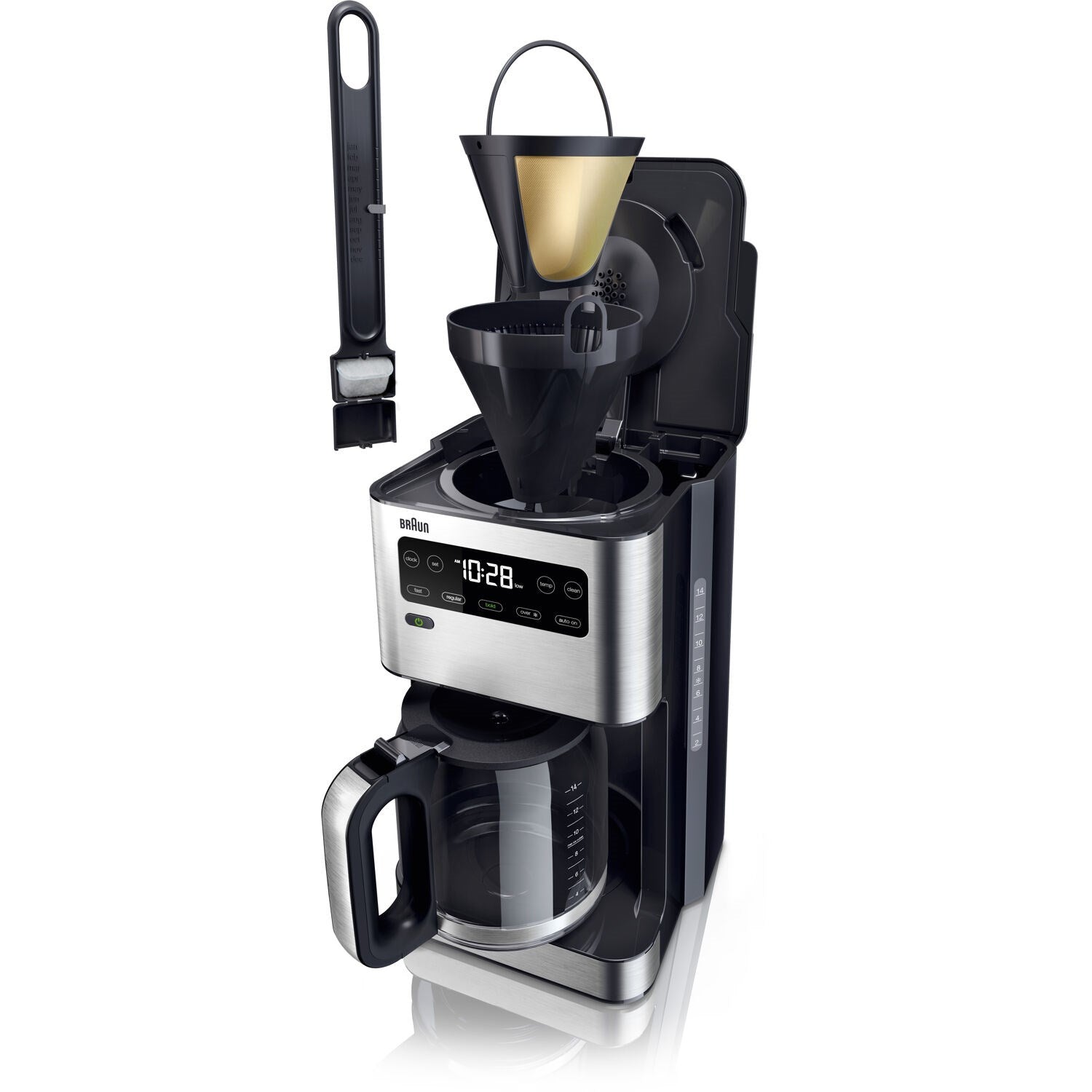 Black iced coffee maker with tall brew spout, filter holder, and LCD controls