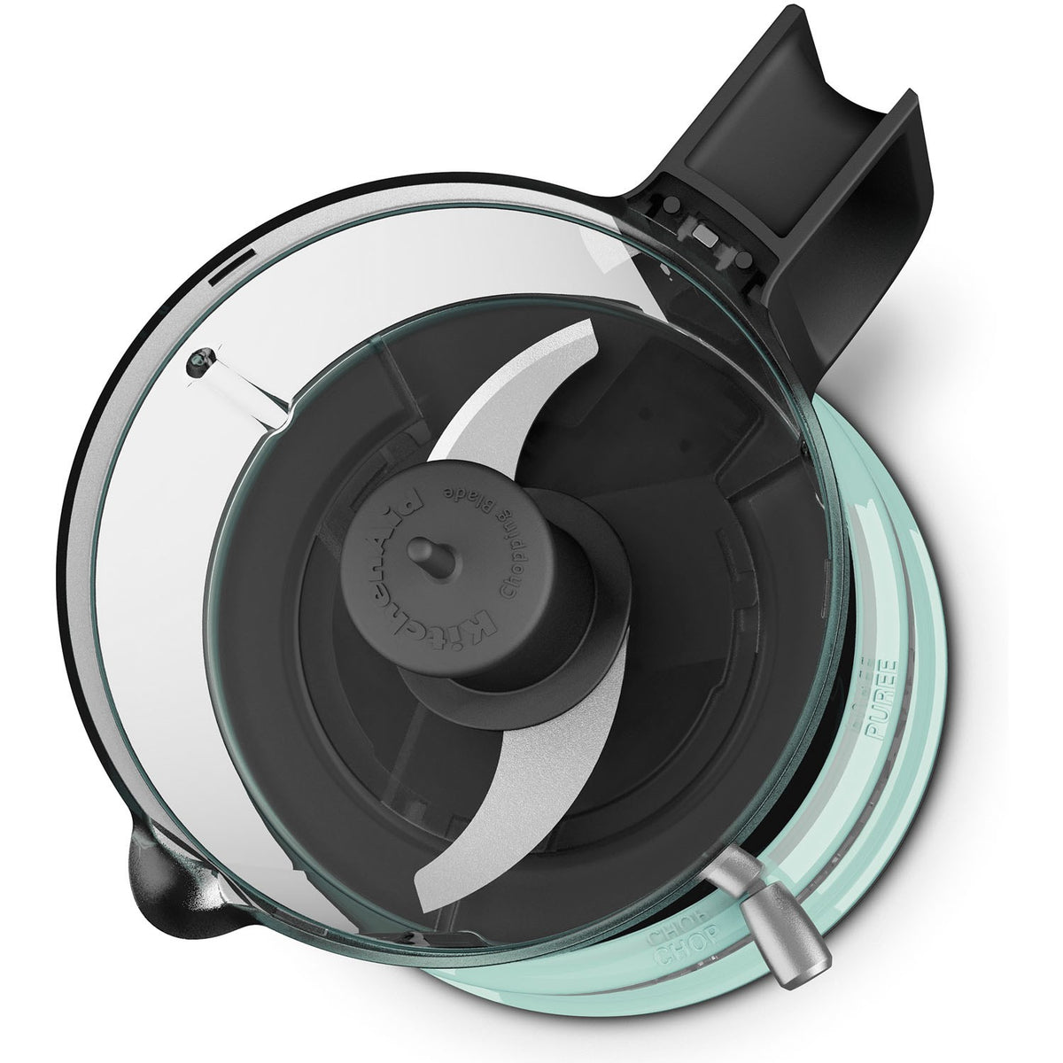 KitchenAid 3.5-cup food chopper blade and cup interior with ice-blue rim