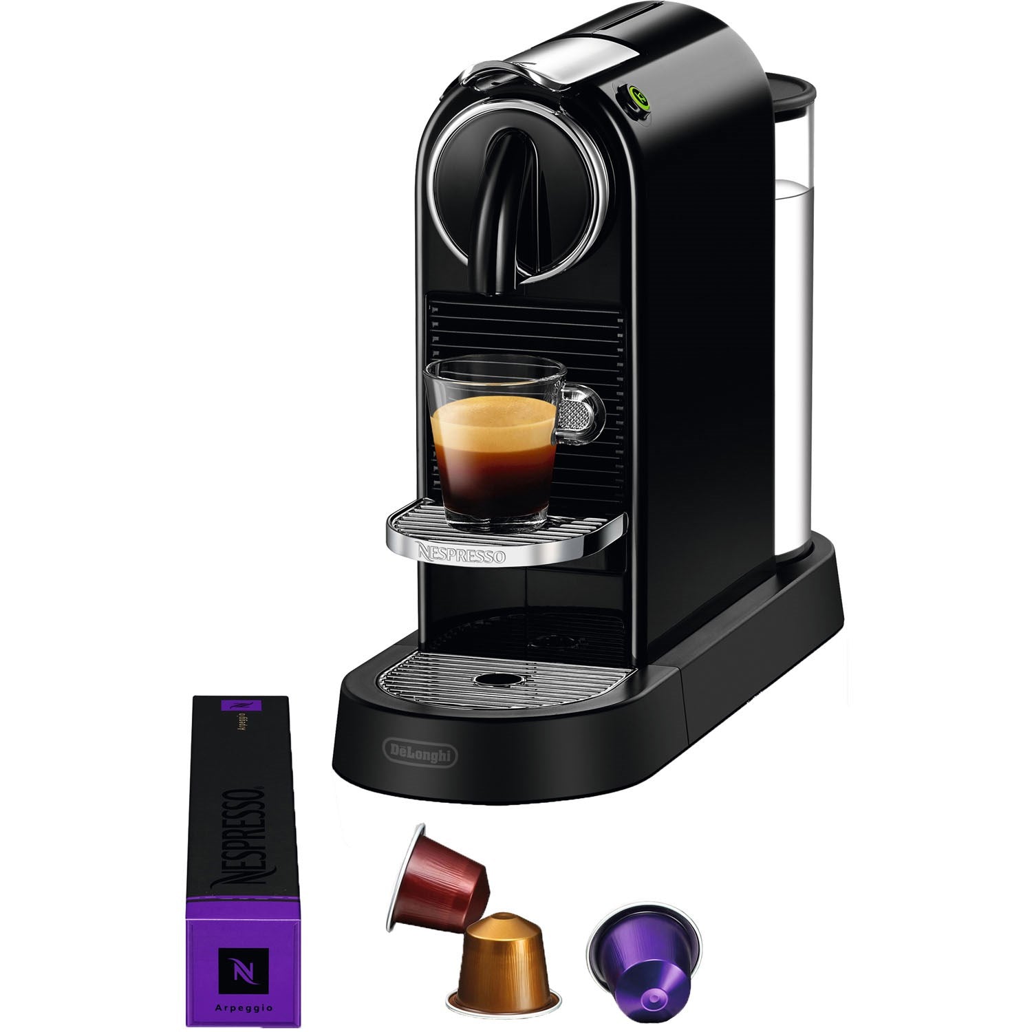 Black Nespresso Citiz espresso machine with glass cup and three assorted Nespresso pods