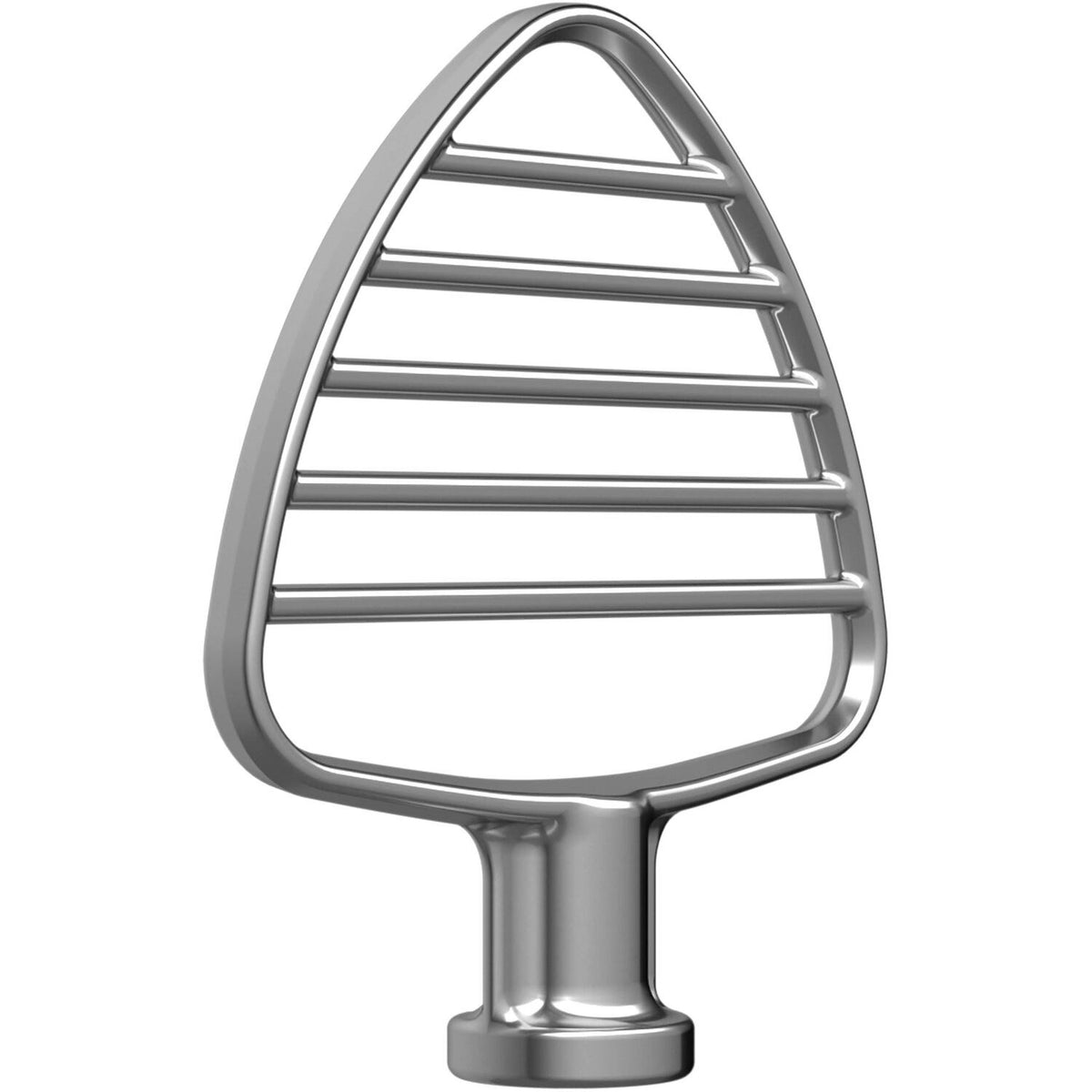 Stainless steel pastry beater attachment viewed from a side angle