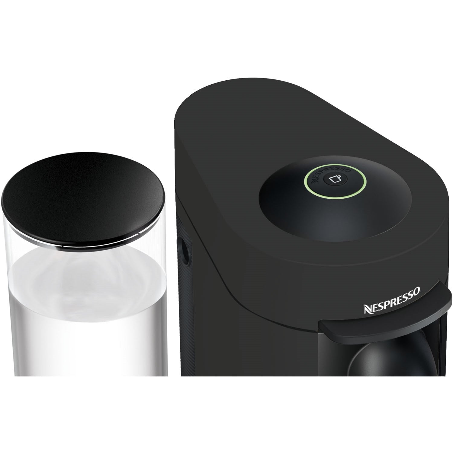 Black Nespresso Vertuo Plus machine top with indicator light and clear water tank