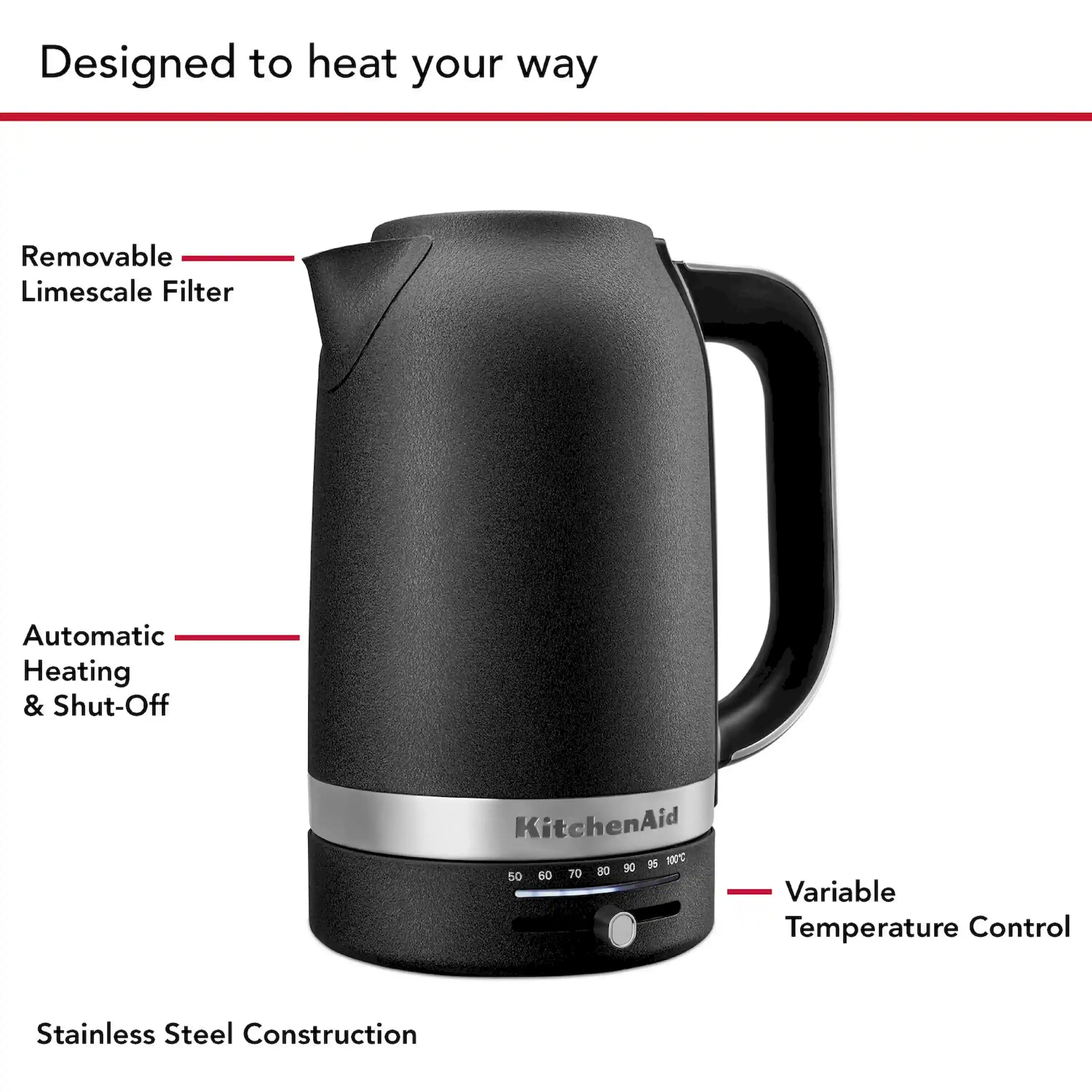 Black electric kettle with stainless steel band and front temperature dial.