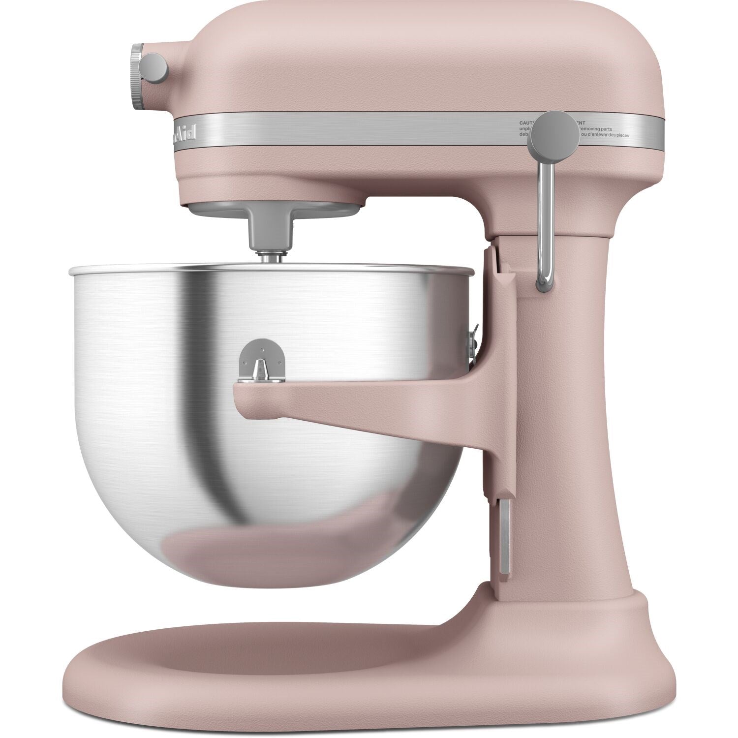 Feather Pink stand mixer close-up with stainless steel bowl and control dial