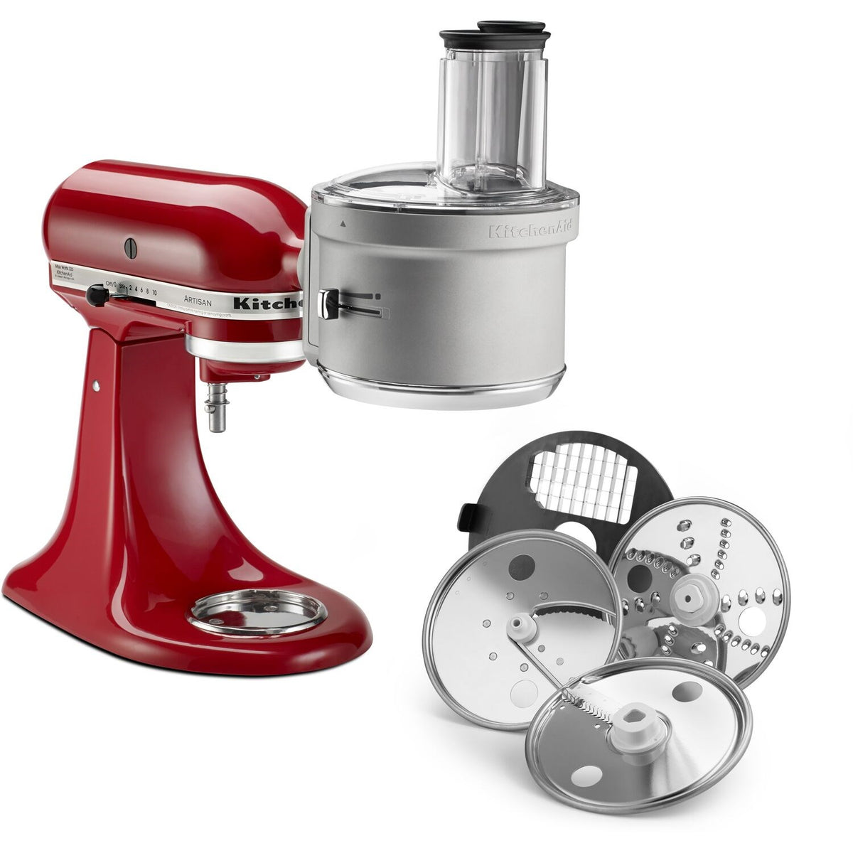 Food processor attachment with stainless bowl and included slicing and shredding discs