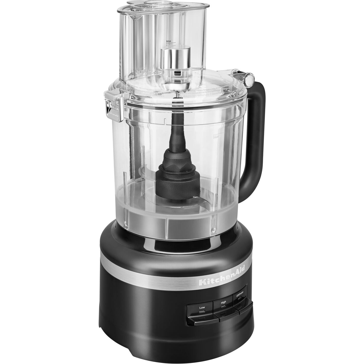Black matte 13-cup food processor base with clear work bowl and blade stem