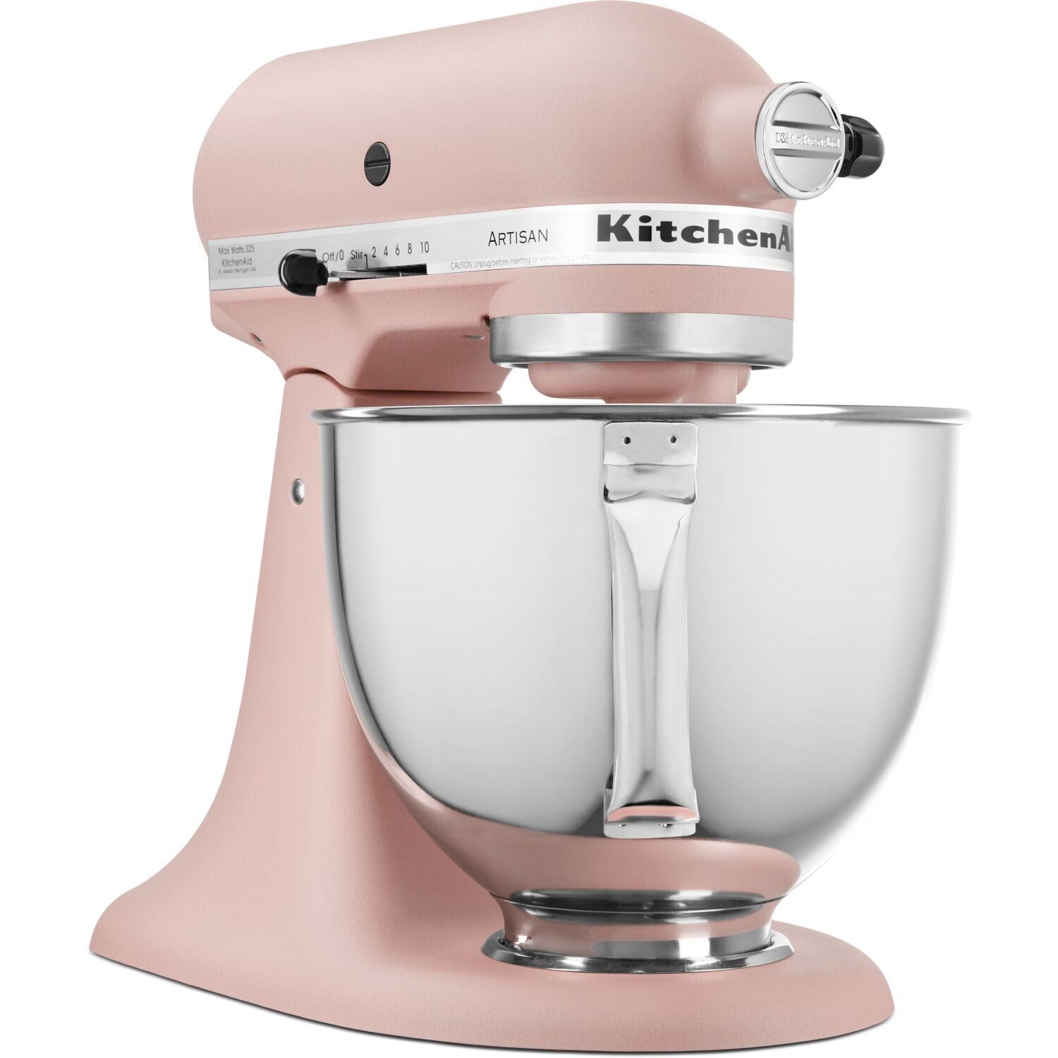 Peach tilt-head stand mixer with stainless bowl and front-mounted whisk support.