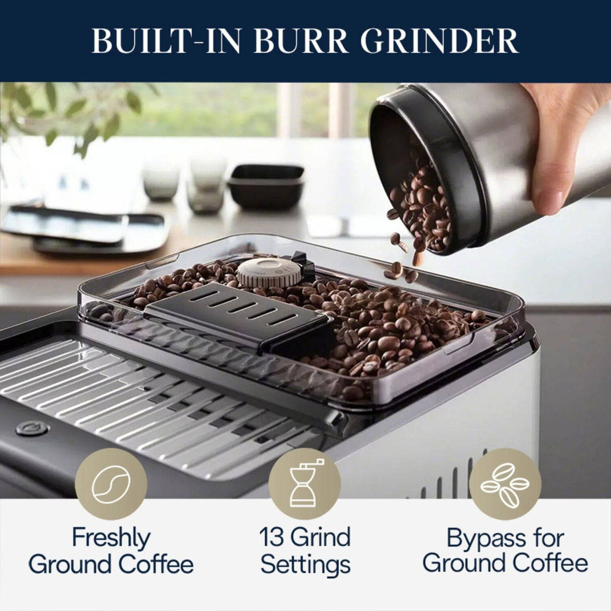 Fully automatic espresso machine with built-in burr grinder, coffee beans being added