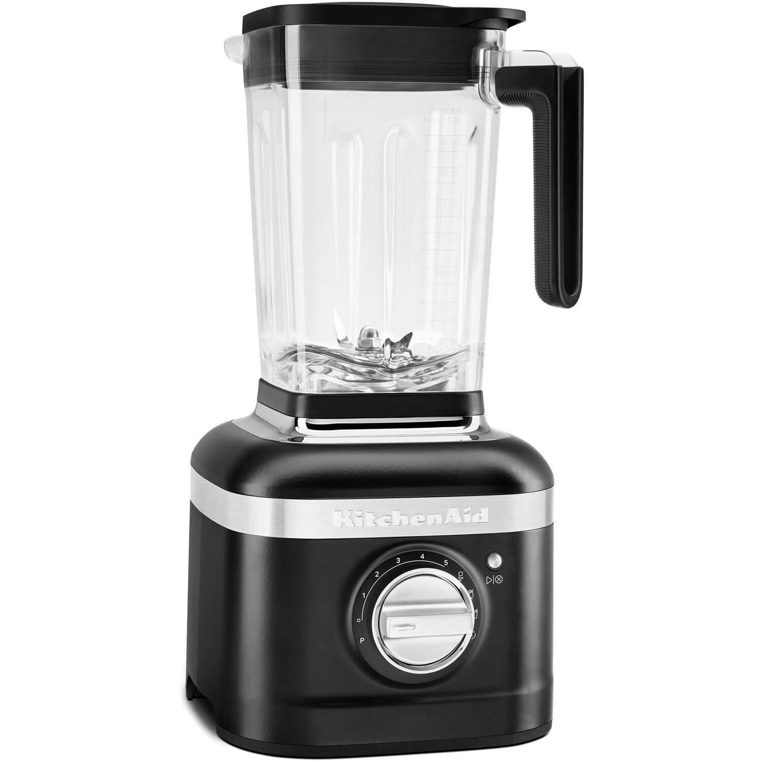 KitchenAid countertop blender with clear jar and black base, front view