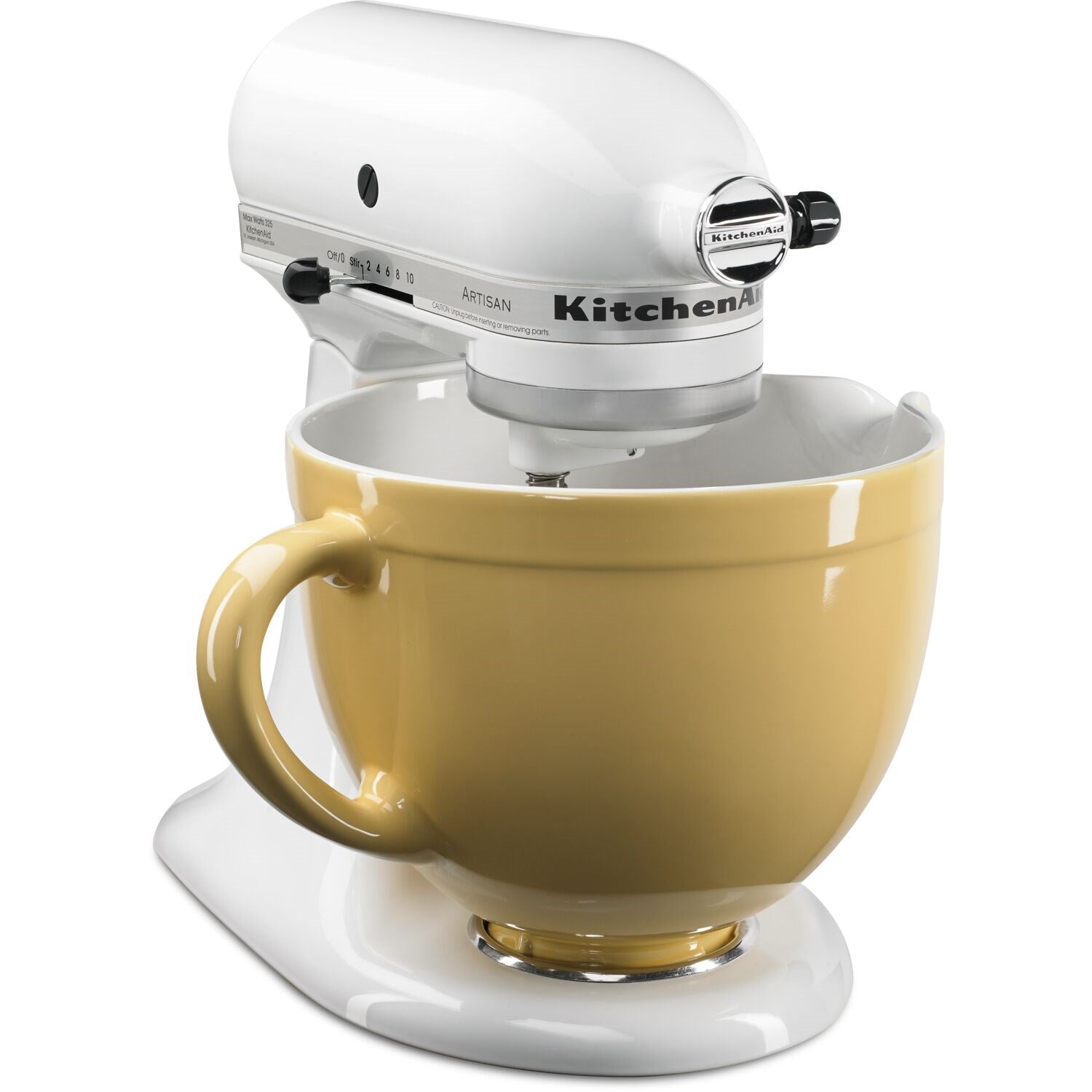 White tilt-head stand mixer with glossy gold mixing bowl and wire whisk attachment.
