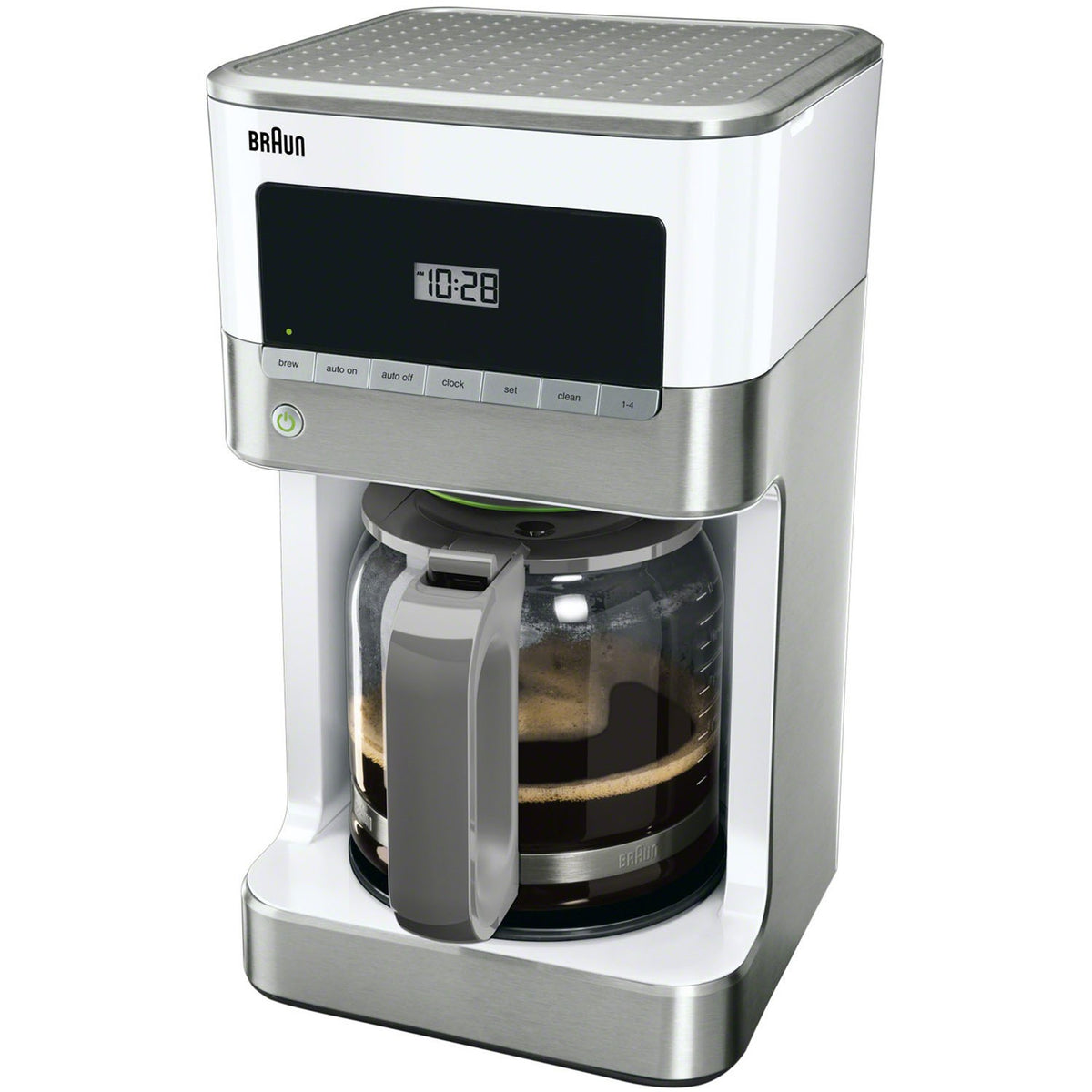 Stainless steel and white 12-cup drip coffee maker showing glass carafe and brew basket