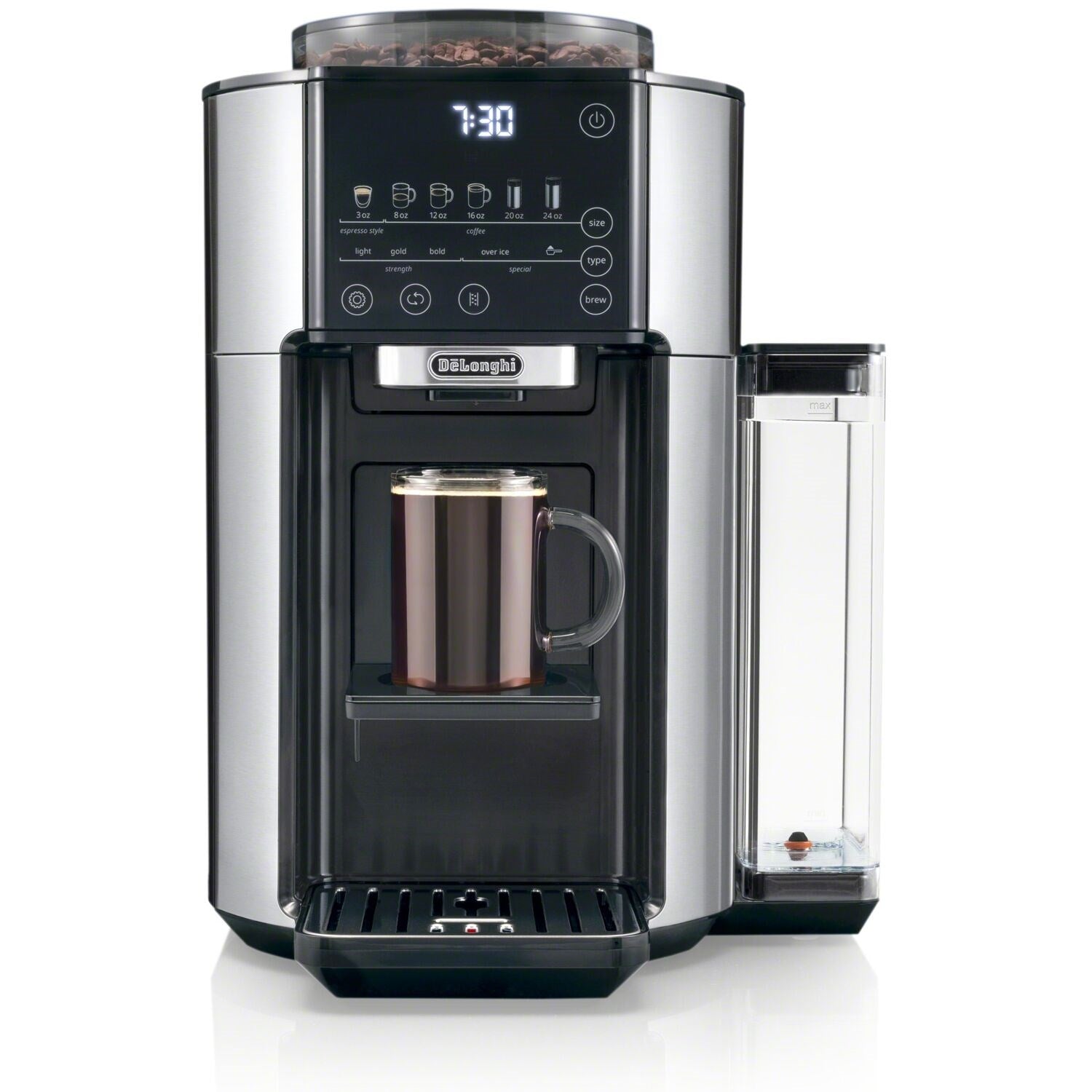 Black and stainless automatic coffee maker with front control panel and mug