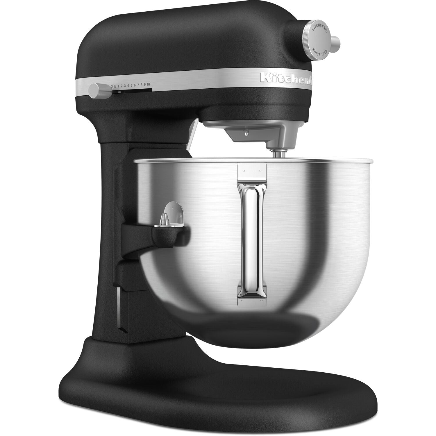 Black stand mixer with stainless bowl and metal beater attachment