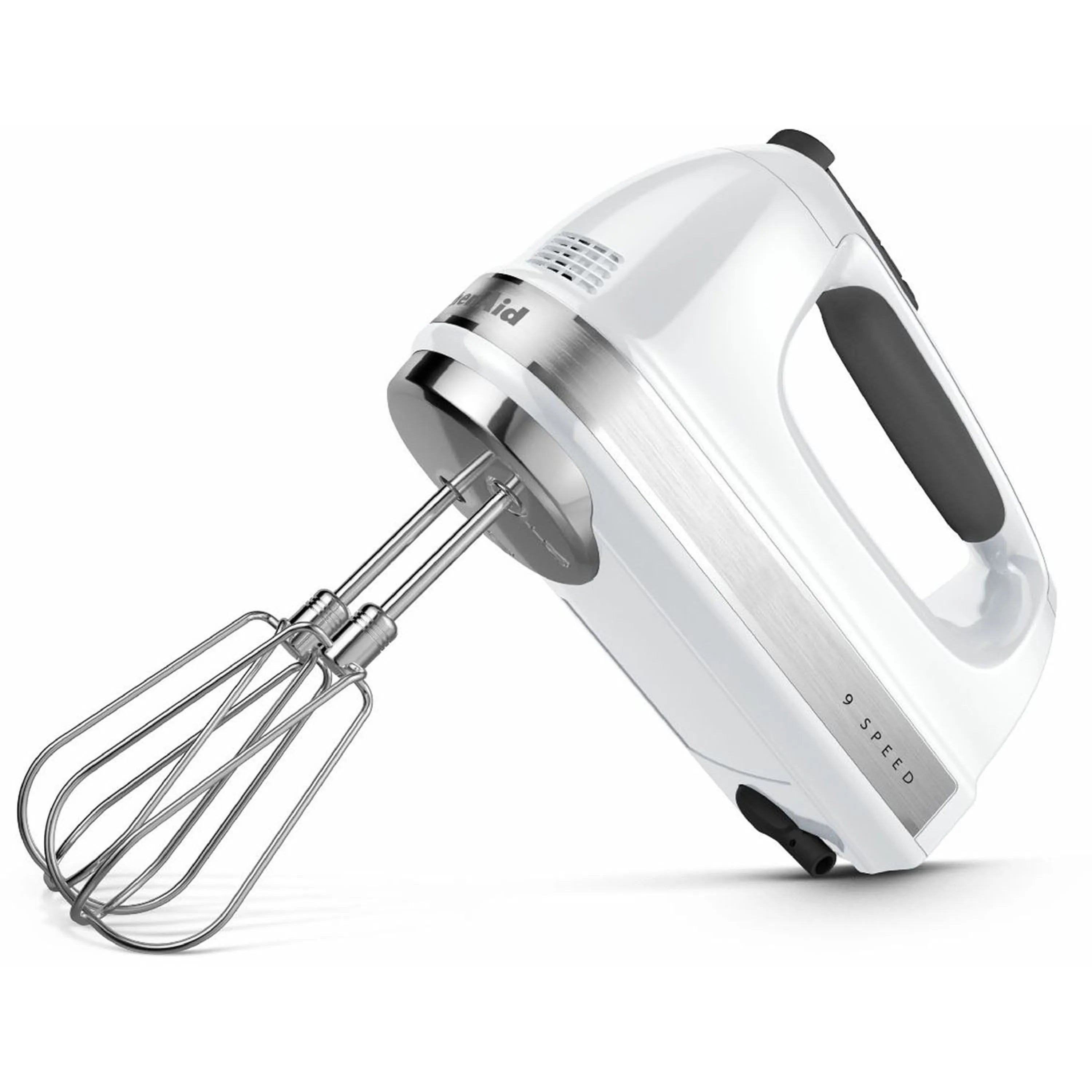 White hand mixer with stainless beaters, angled side view