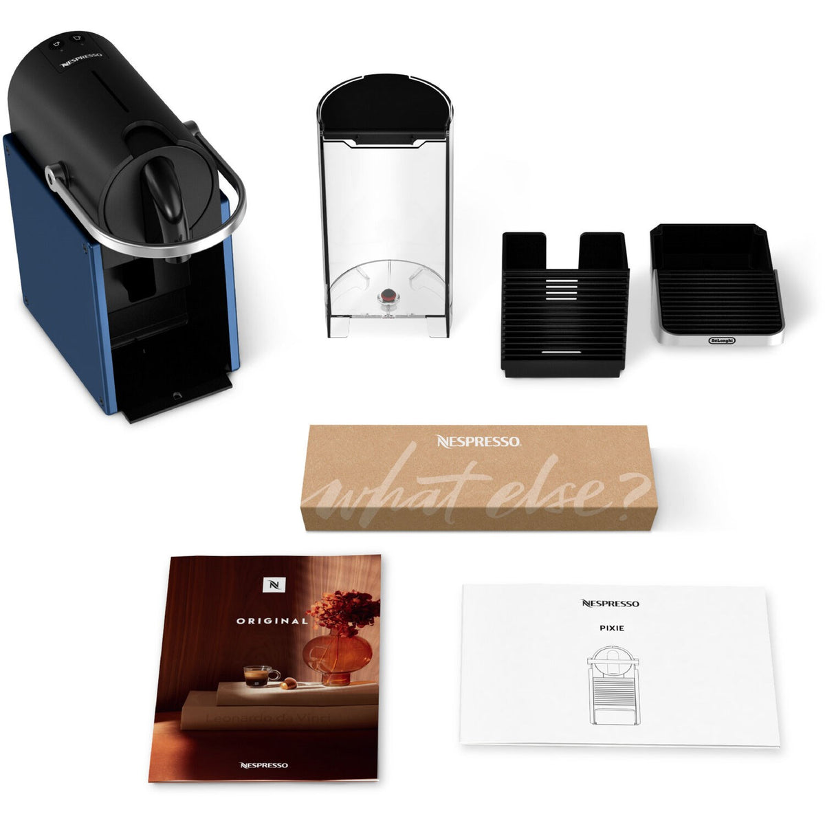 Nespresso Pixie espresso machine in dark blue with capsule holder and drip tray parts