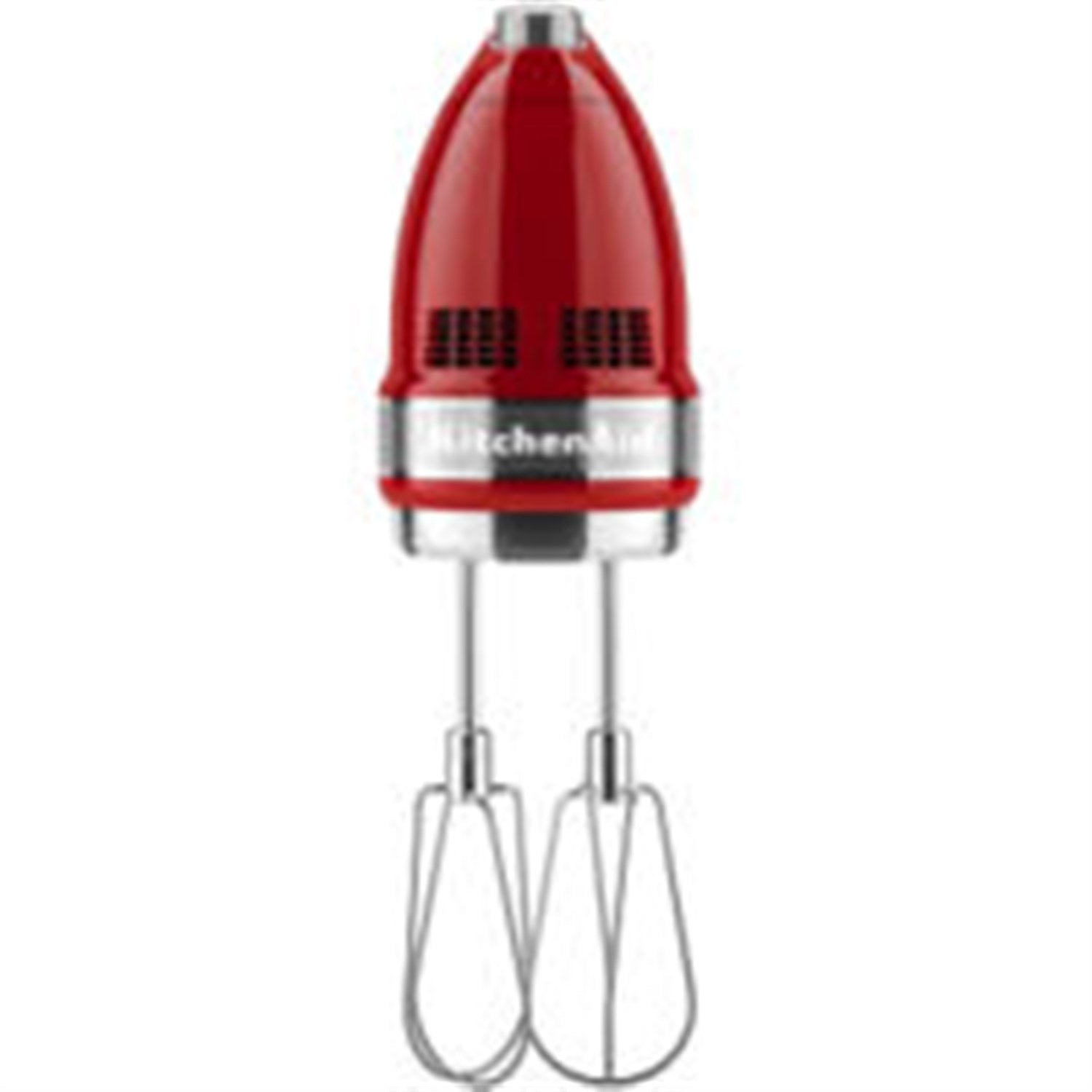Empire Red KitchenAid hand mixer with two wire beaters attached