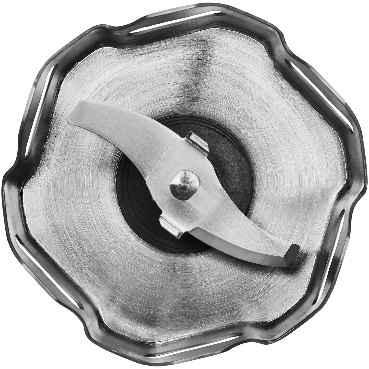 Stainless steel immersion blender blade assembly with curved cutter and housing