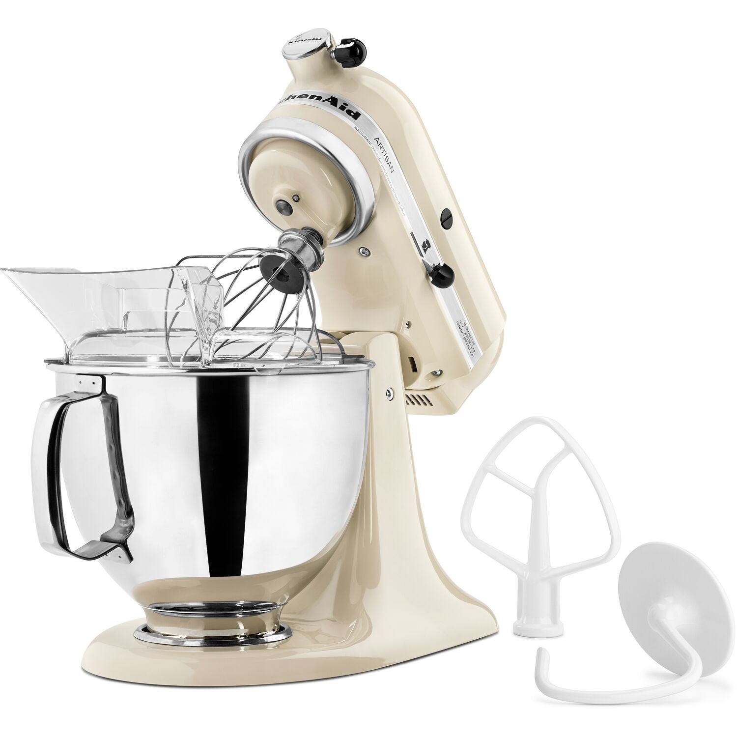 Almond cream tilt-head stand mixer with wire whisk attachment and stainless mixing bowl