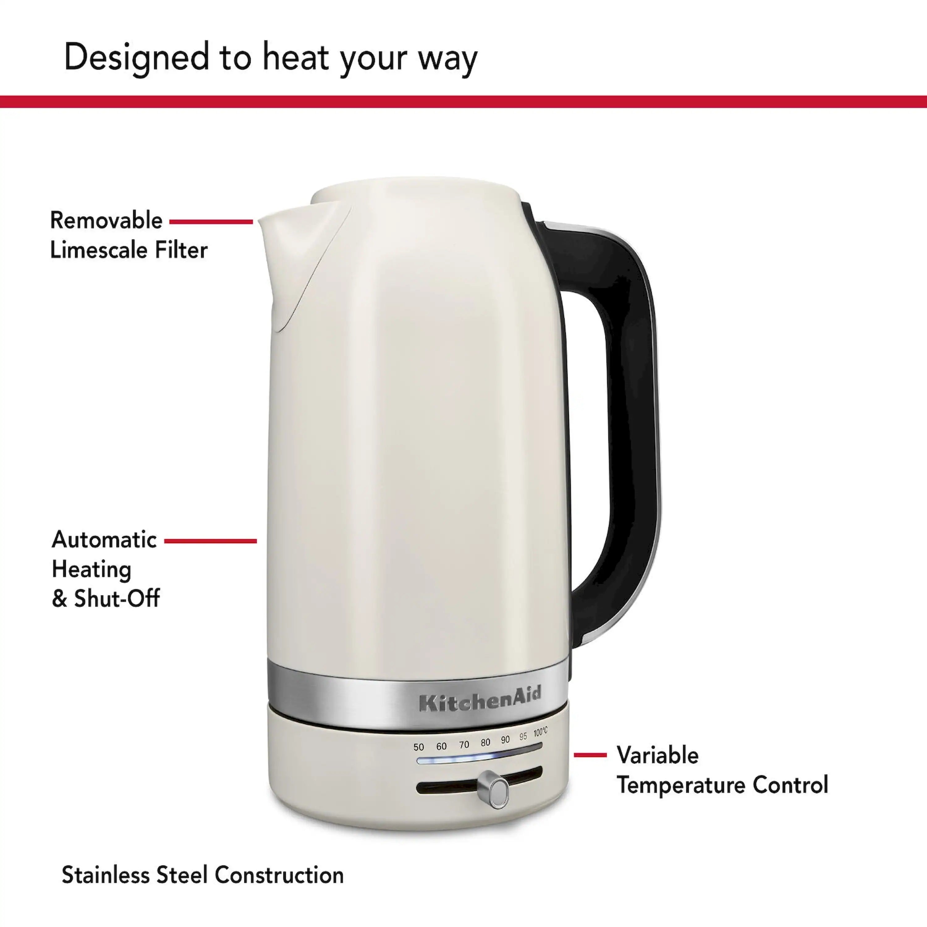 Porcelain electric kettle with variable temperature dial on stainless base