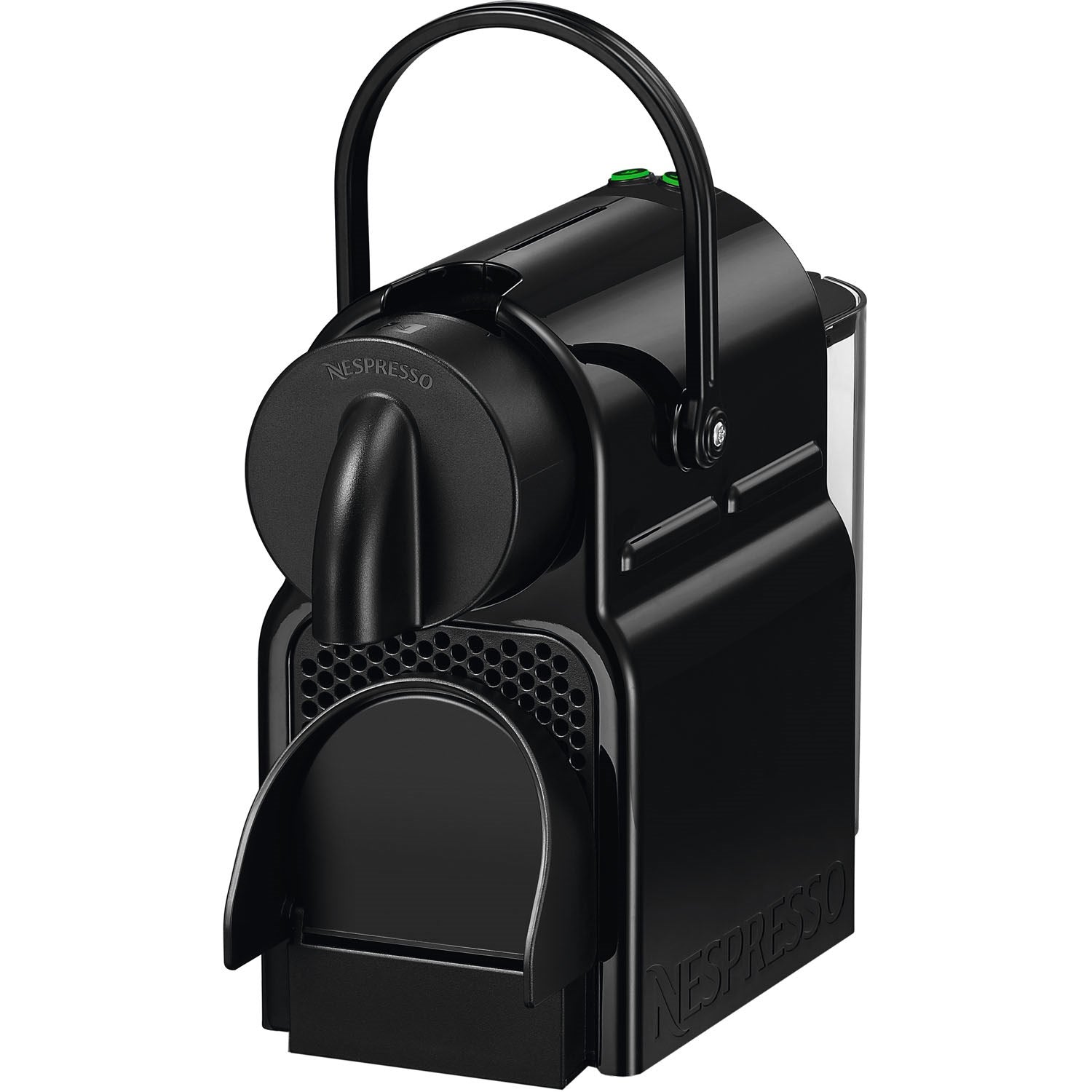 Black Nespresso espresso machine with open lid and removable pod container