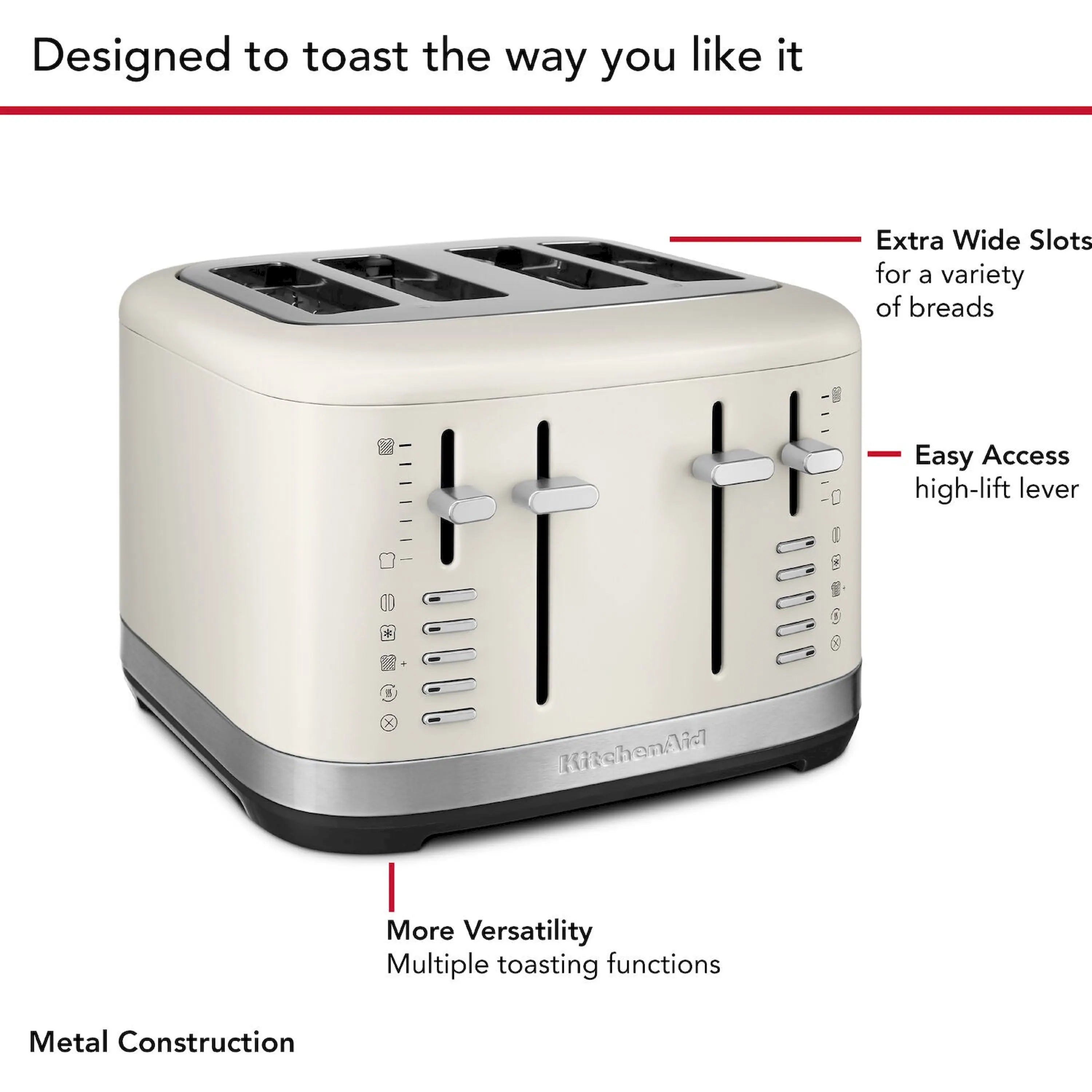 Porcelain KitchenAid 4-slice toaster showing extra-wide slots and high-lift lever