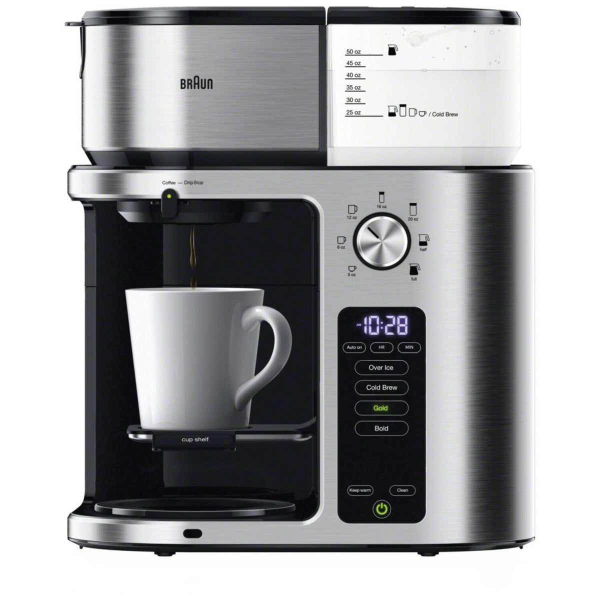 Stainless steel 10-cup coffee brewing system with glass carafe and digital display