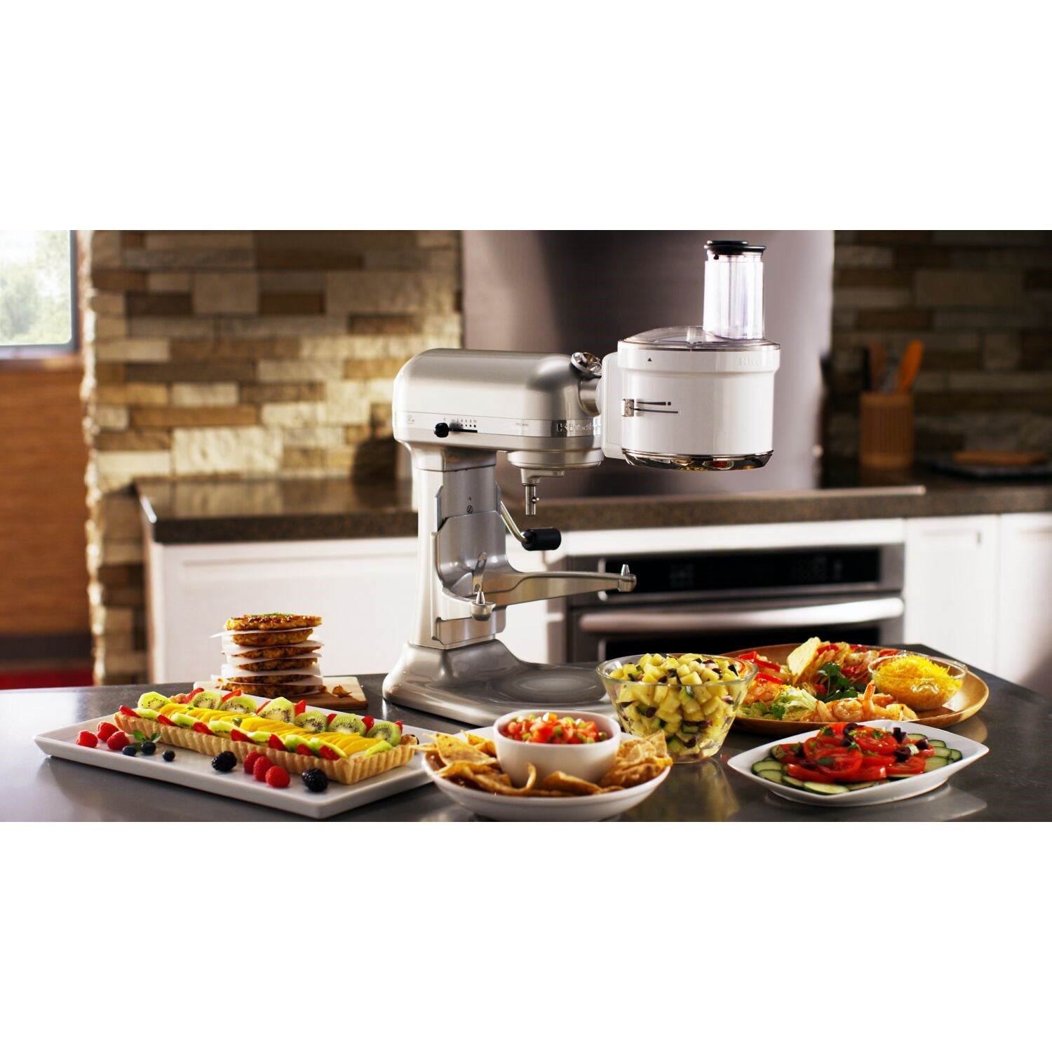 White food processor attachment on stand, with feed chute and chopping top