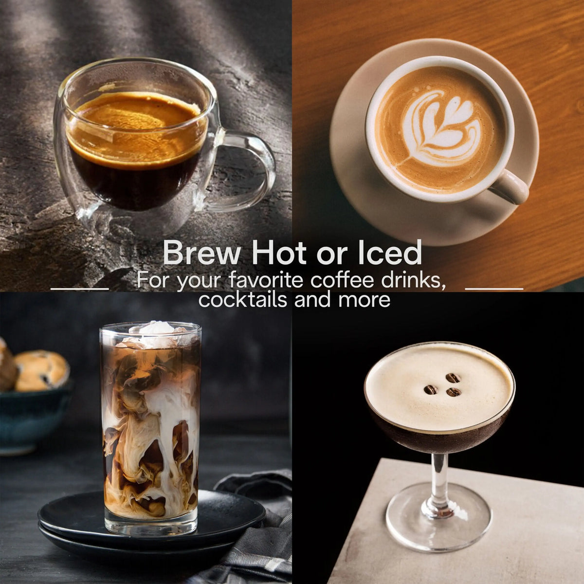 Espresso, iced coffee, and latte drinks on a countertop with cups and saucers