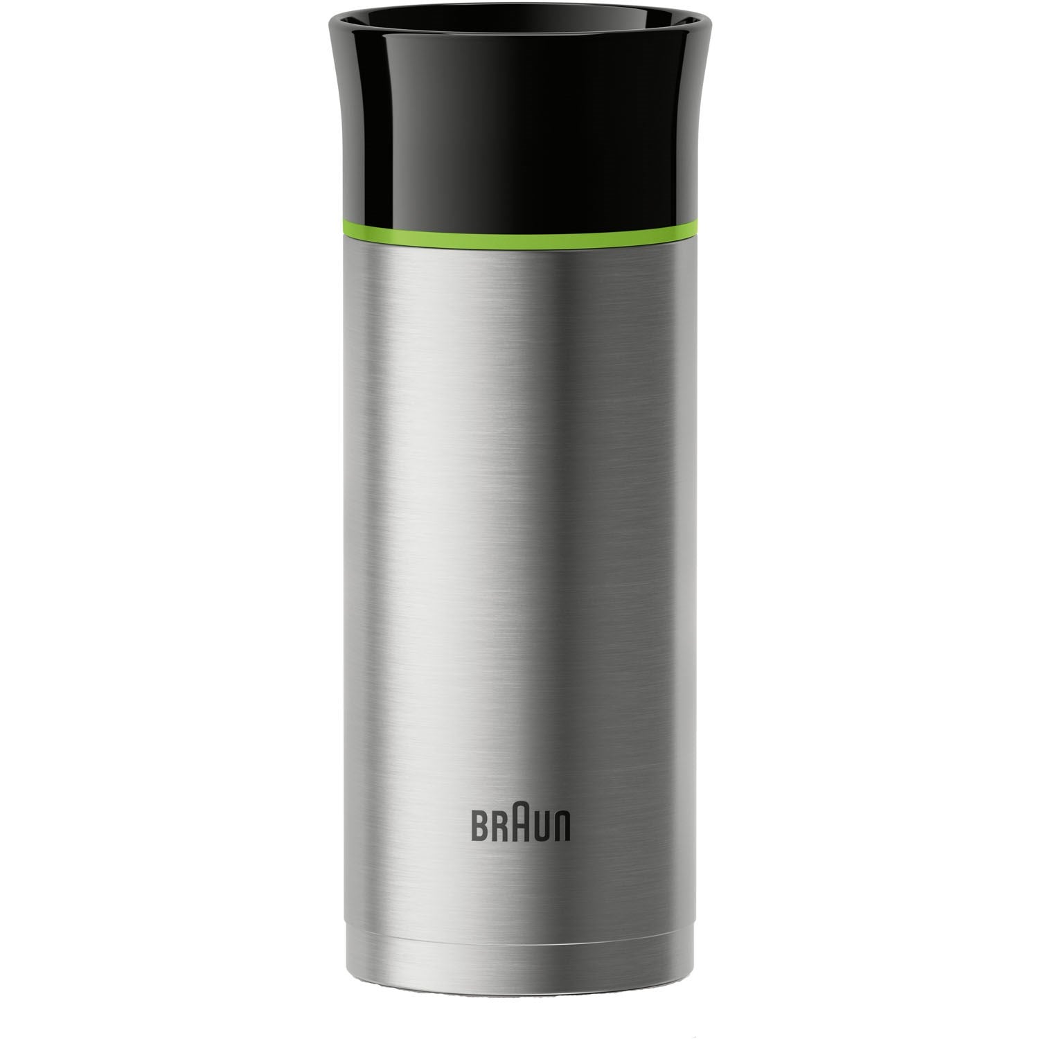 Braun double-wall thermal travel mug, stainless steel with black rim and green band