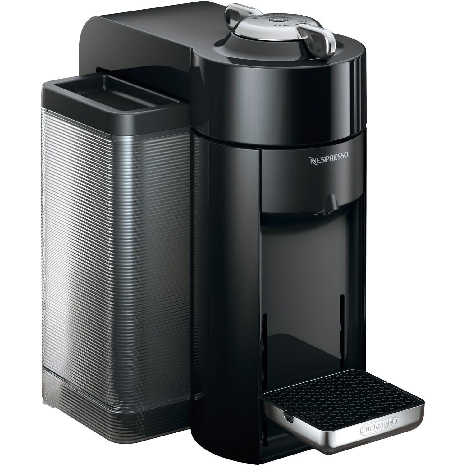 De'Longhi Nespresso Vertuo black coffee machine with capsule tank and drip tray