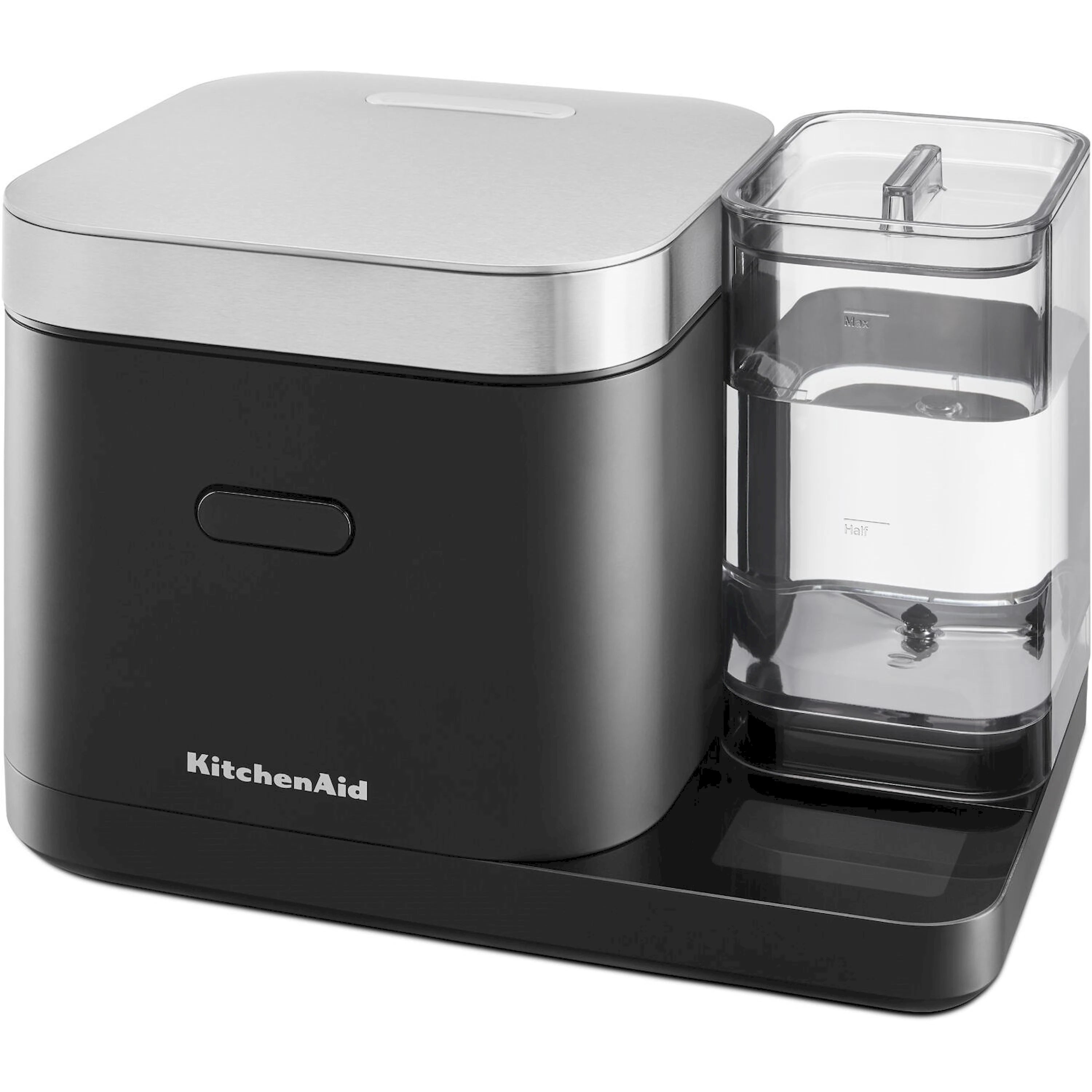 KitchenAid rice cooker in black with stainless lid and clear measuring water tank