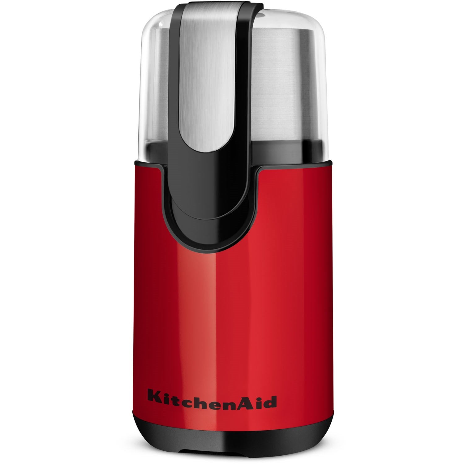 Red KitchenAid blade coffee grinder with stainless lid and black base