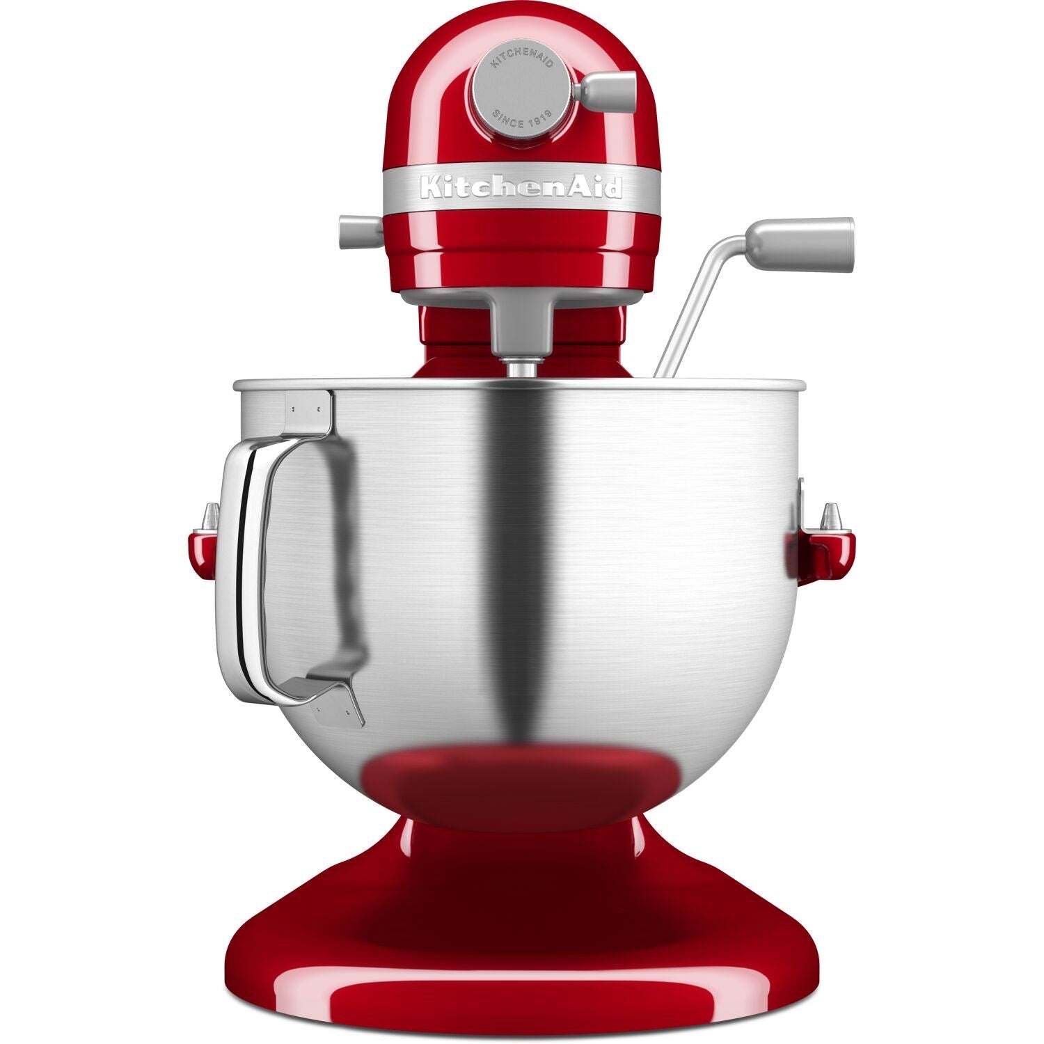 Empire Red KitchenAid stand mixer with stainless bowl and whisk beater, front view