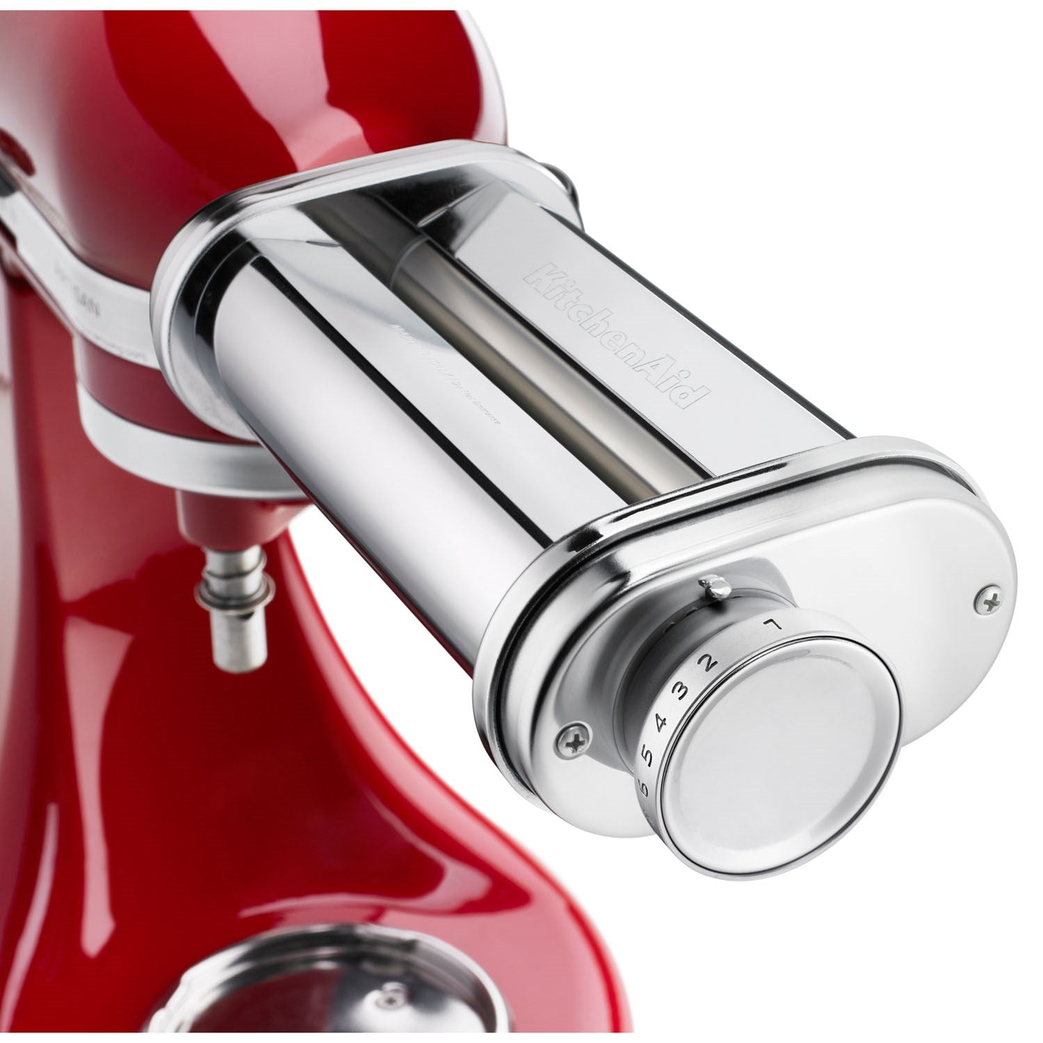 KitchenAid single pasta roller with red mixer and silver chrome drum with thickness knob