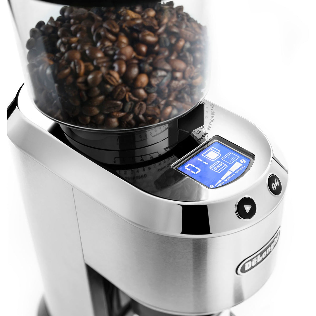 De'Longhi Dedica coffee grinder top control display with glass hopper full of coffee beans