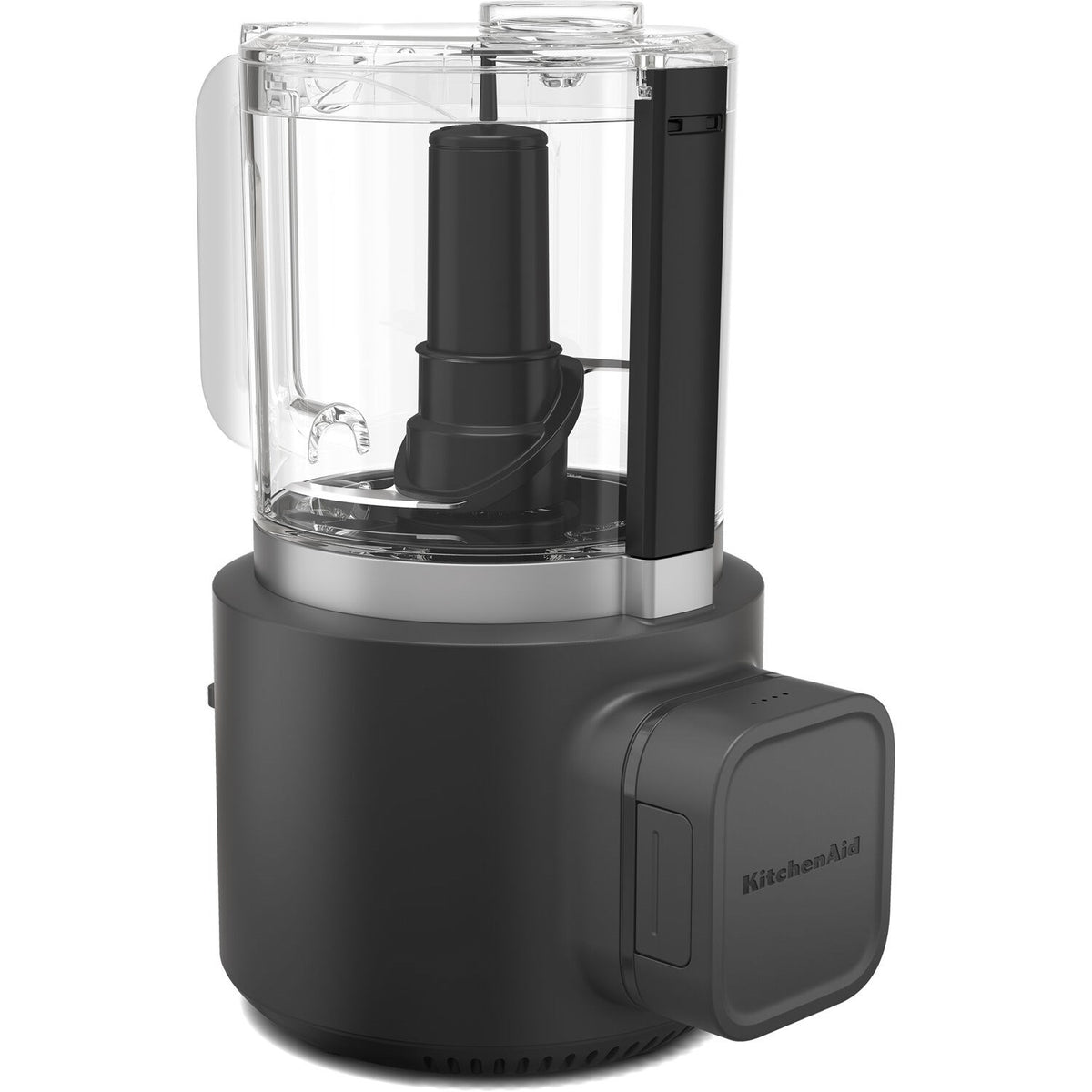 Black cordless chopper with clear cup and visible stainless blade assembly