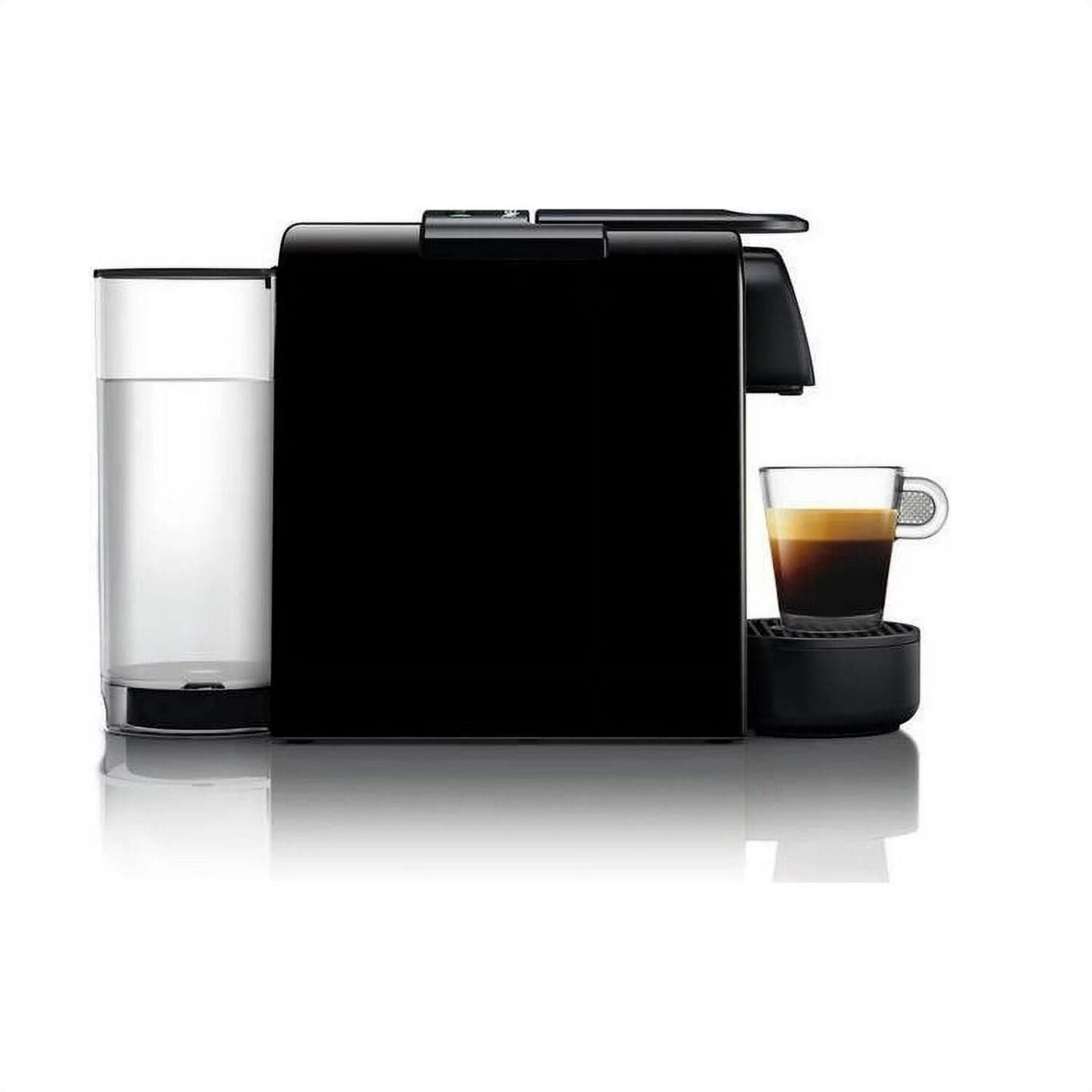 Black De'Longhi Nespresso Essenza Mini single-serve espresso machine with cup on tray