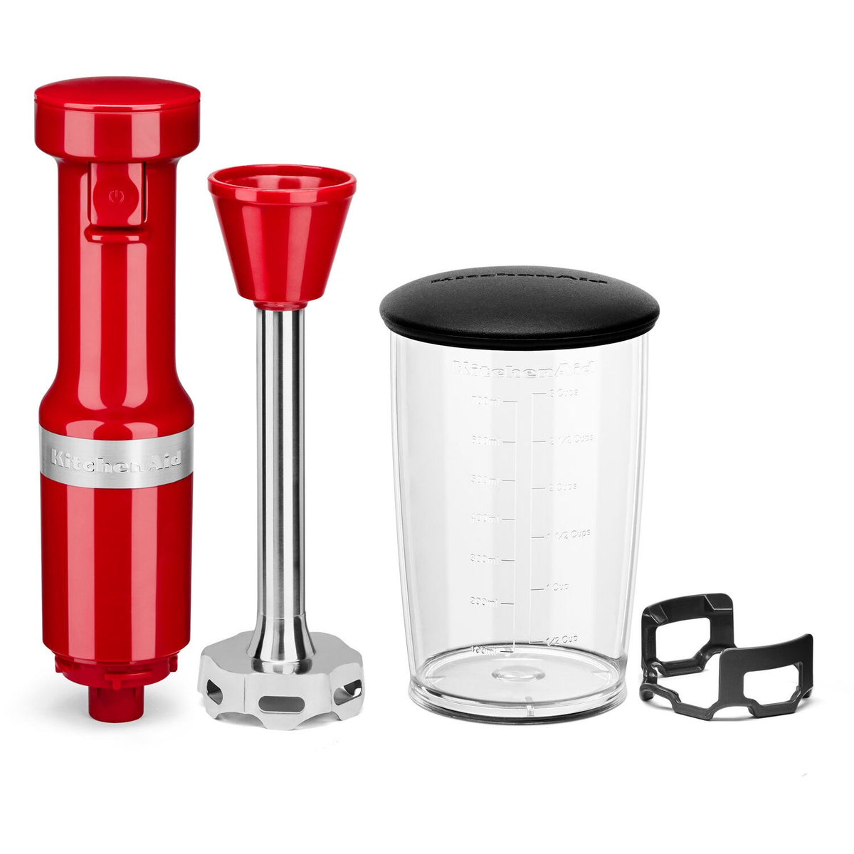 Empire red immersion blender kit with jar lid, cup, and whisk attachment