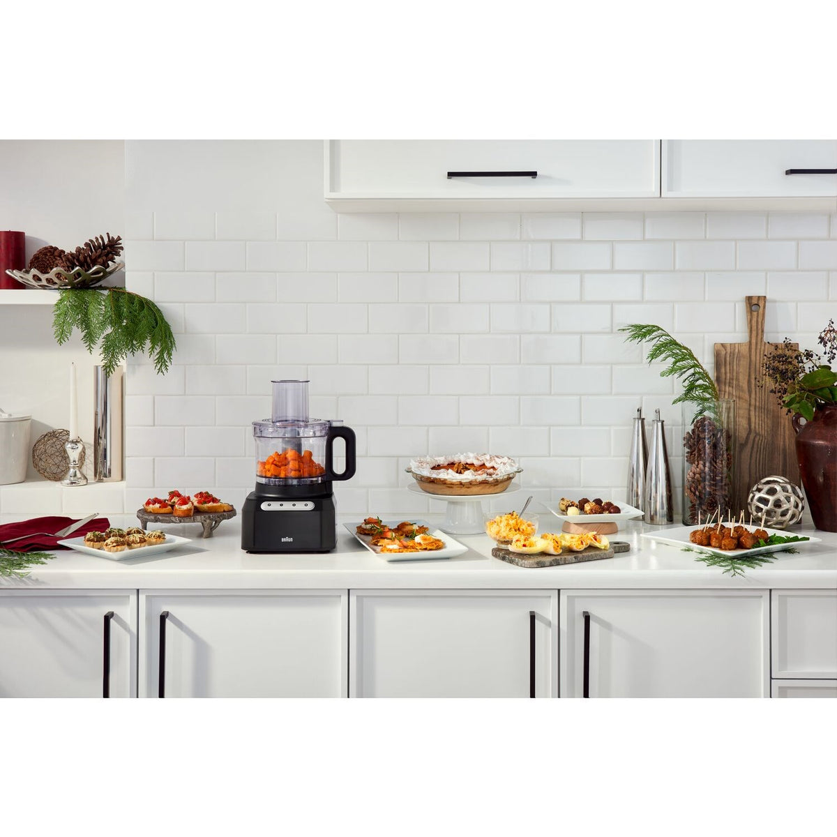 Braun Easy Prep food processor on countertop with prepared ingredients and black base