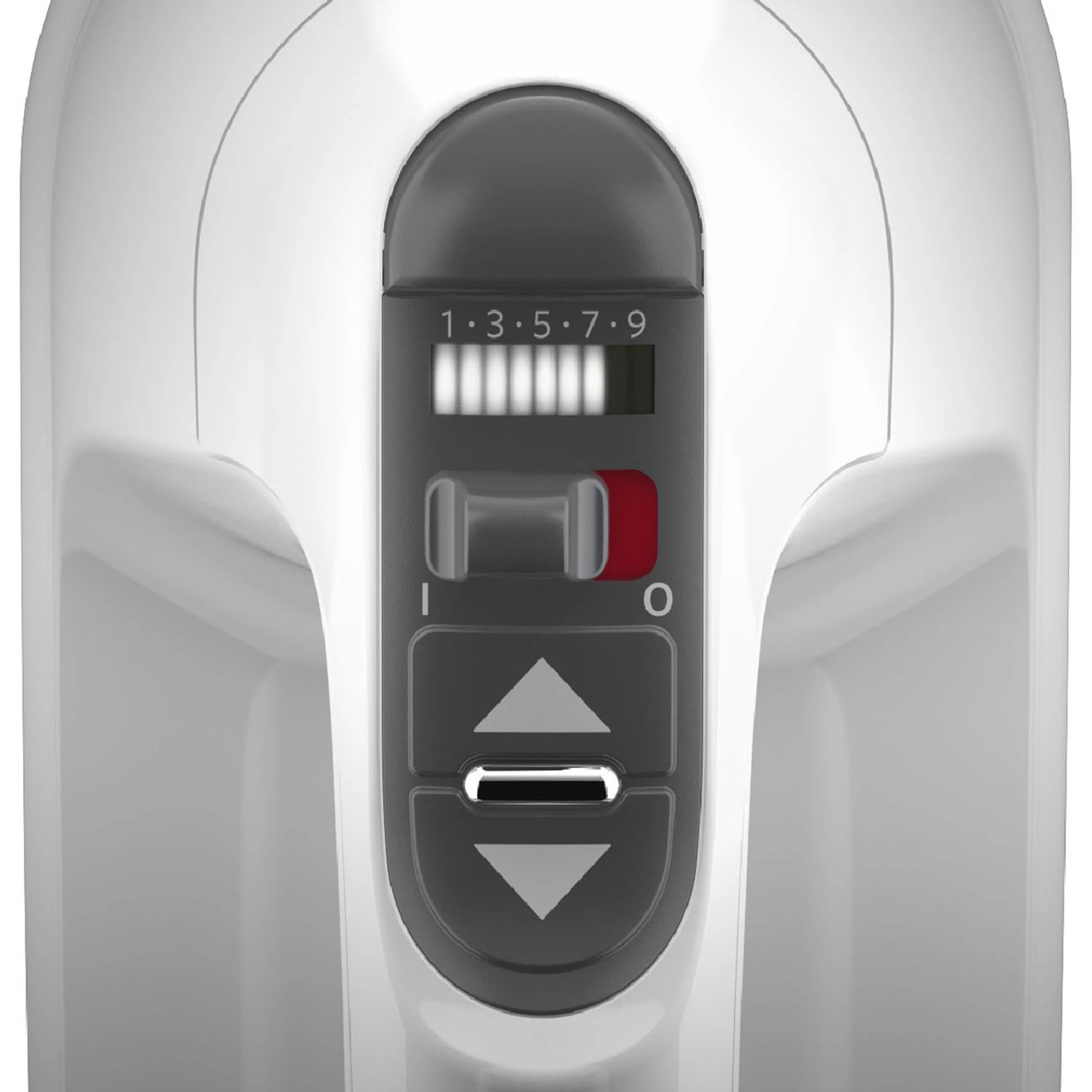 White digital hand mixer with speed display and control buttons